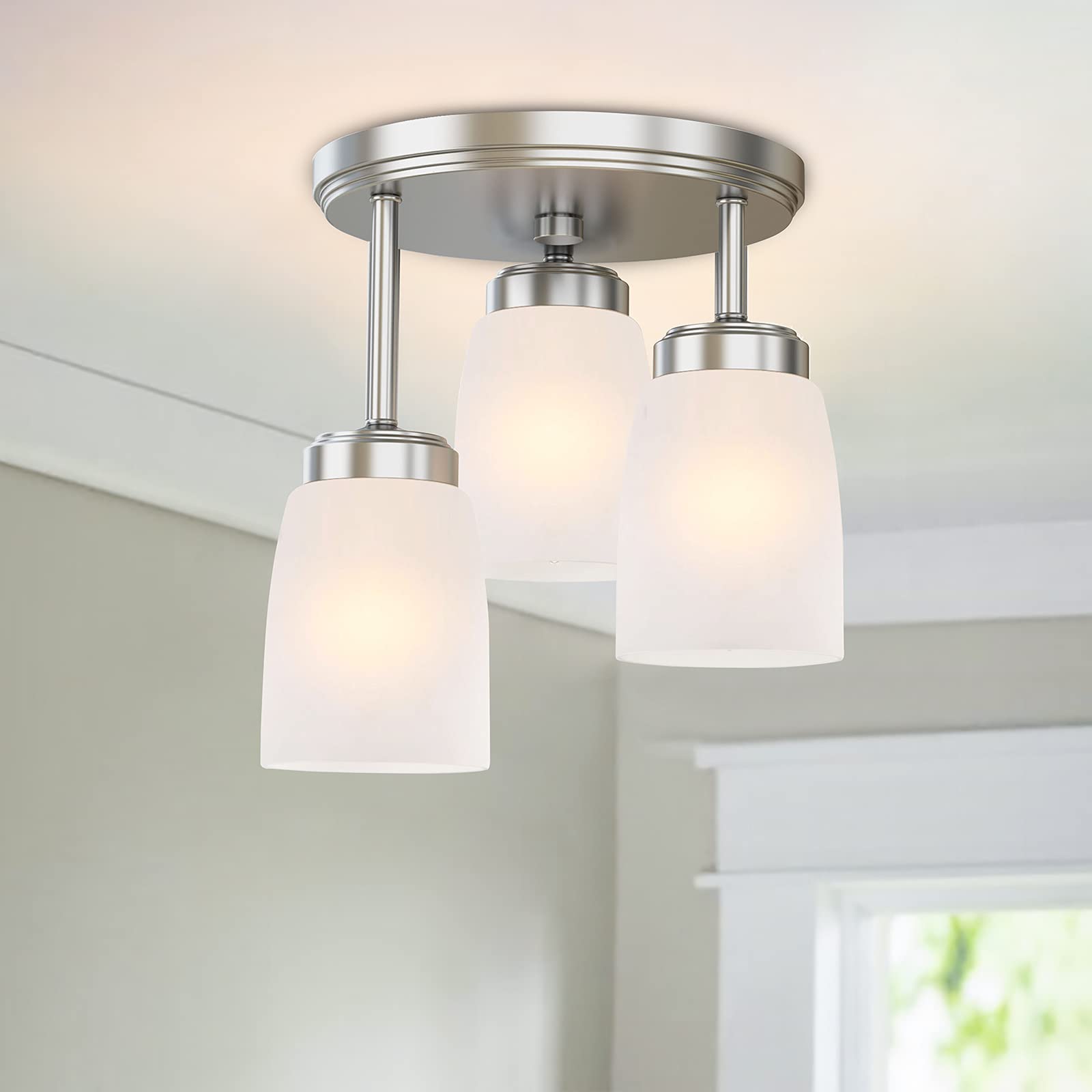 GZBtech 3-Lights Semi Flush Mount Ceiling Light Fixture - Modern Brushed Nickel Finish, Opal Glass Shades - Perfect for Entryway, Hallway, Kitchen, Closet, Dining Room, Laundry & Bedroom Lighting | Dimmable LED Compatible for Cozy Ambiance