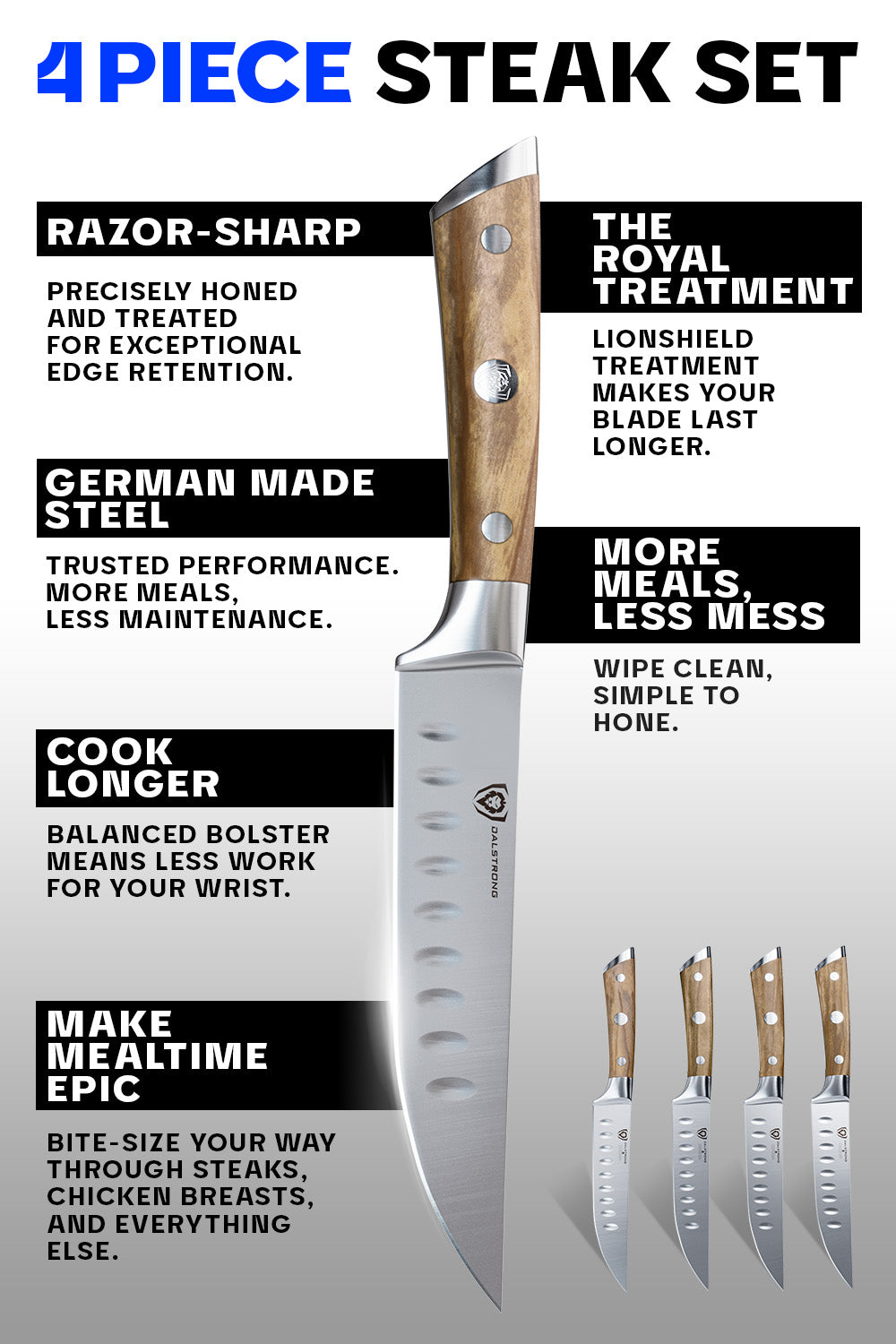 Premium 4-Piece Steak Knife Set with Olive Wood Handle - Dalstrong Gladiator Series | Sharp Kitchen Knives for Steak, Meat Cutting & Fine Dining | Perfect for Home Chefs & Restaurant Use