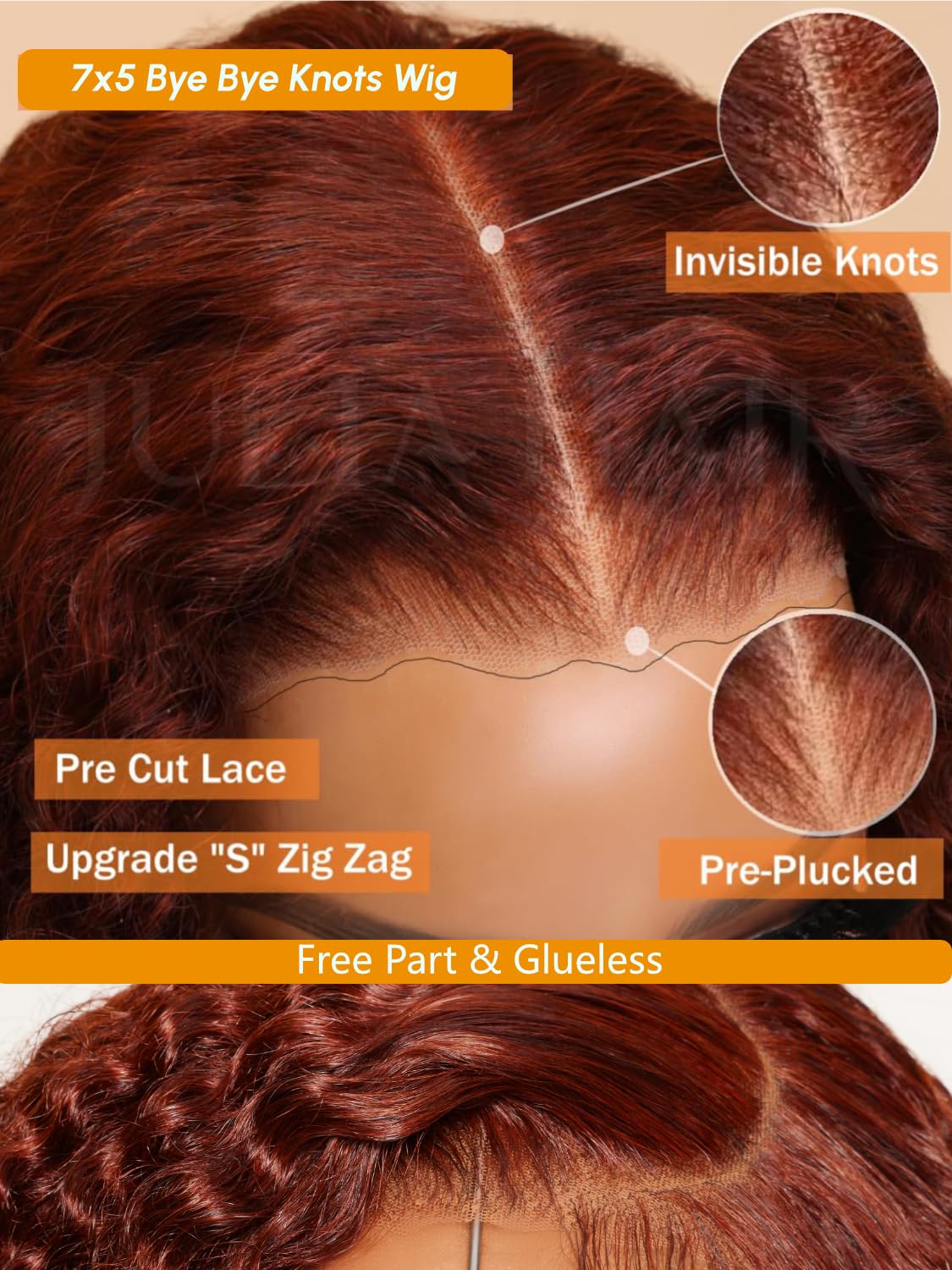 Julia Hair Bye Bye Knots 7x5 Glueless Wig - Pre Cut Lace Front Curly Human Hair Wig in Reddish Brown | 16 Inch Deep Curly with Invisible Knots | Pre Plucked Natural Hairline | Ready to Wear | Perfect for Daily Wear, Cosplay & Special Occasions