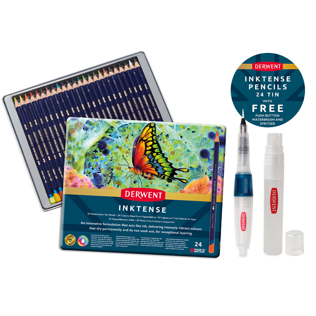 Derwent Inktense 24-Colored Pencil Set with Water Brush & Spray Bottle - Perfect for Watercolor Painting, Sketching & Mixed Media Art Projects