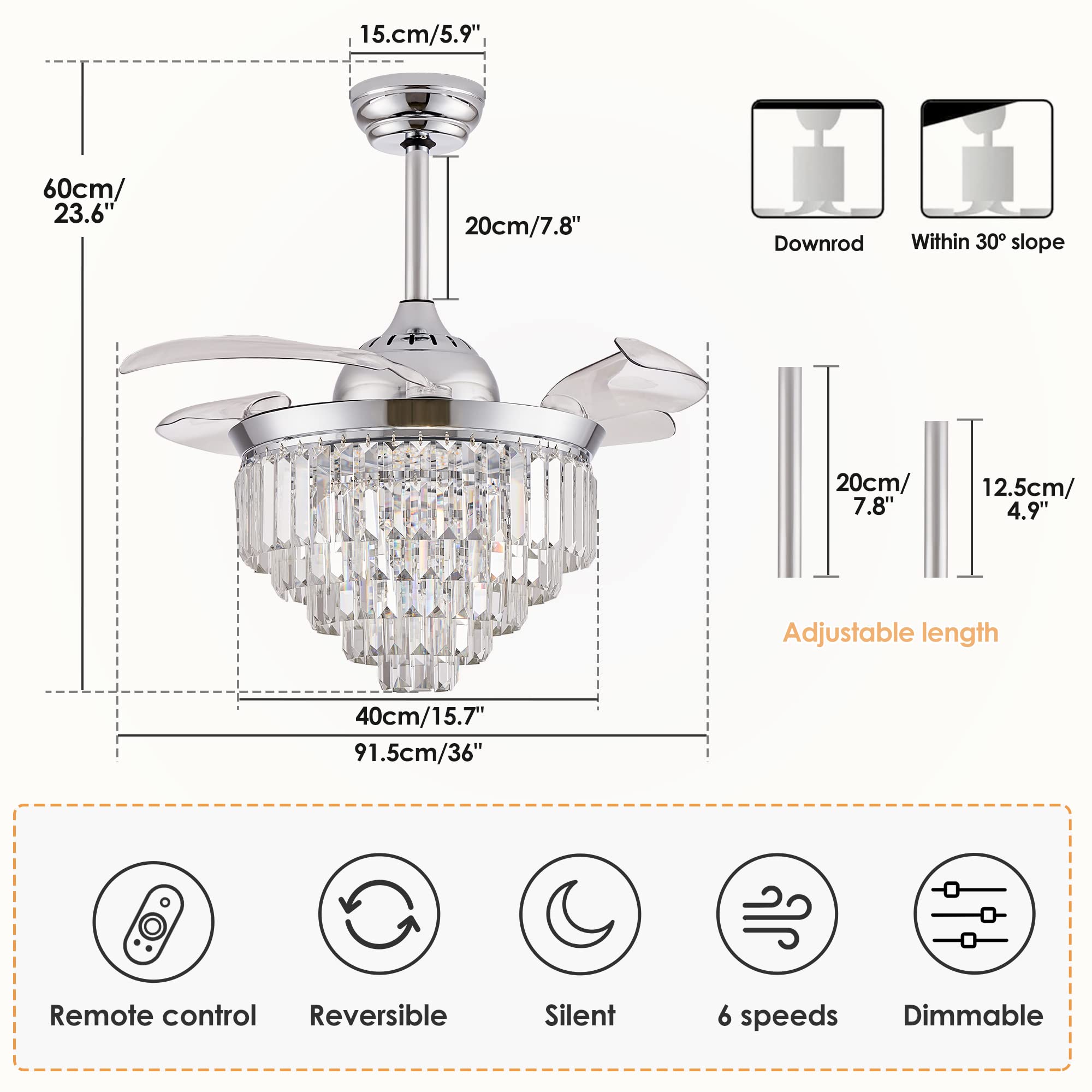 Dimmable Crystal Ceiling Fan with Light & Remote - 36