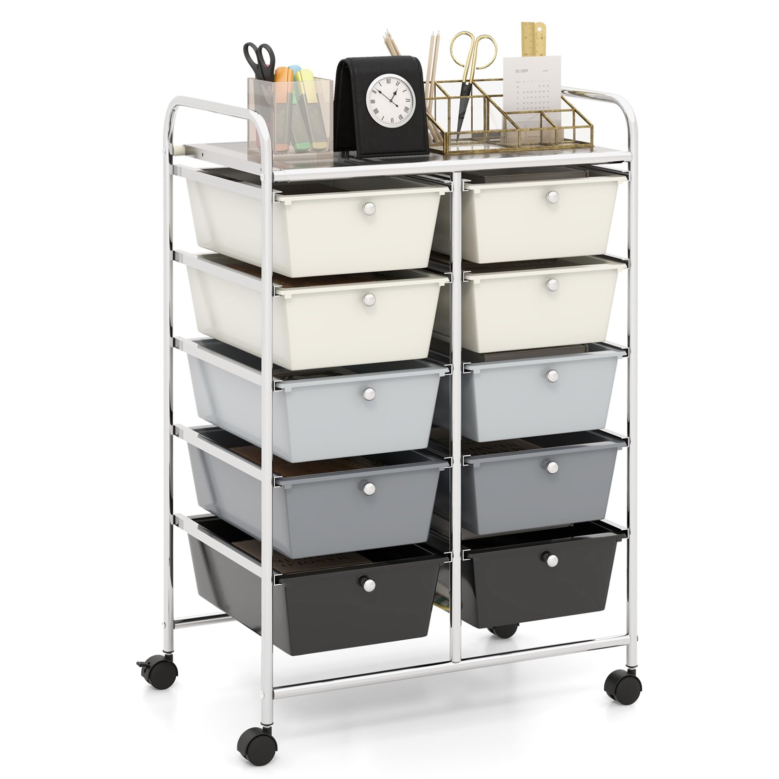HAPPYGRILL 10-Drawer Rolling Storage Cart with Lockable Wheels - Mobile Organizer Utility Cart for Beauty Salon, School, Office & Home (Grey Gradient) - Perfect for Salon Supplies, Classroom Organization & Home Storage Solutions