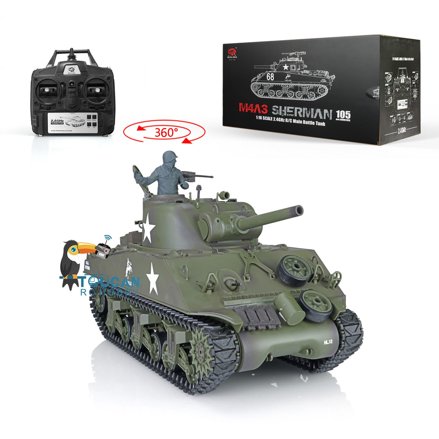 2.4G 1/16 Scale Henglong M4A3 Sherman RTR RC Tank with 360° Rotating Turret, Smoke Effect & Short Barrel - Ready-to-Run Remote Control Military Vehicle for Outdoor Play and Collection