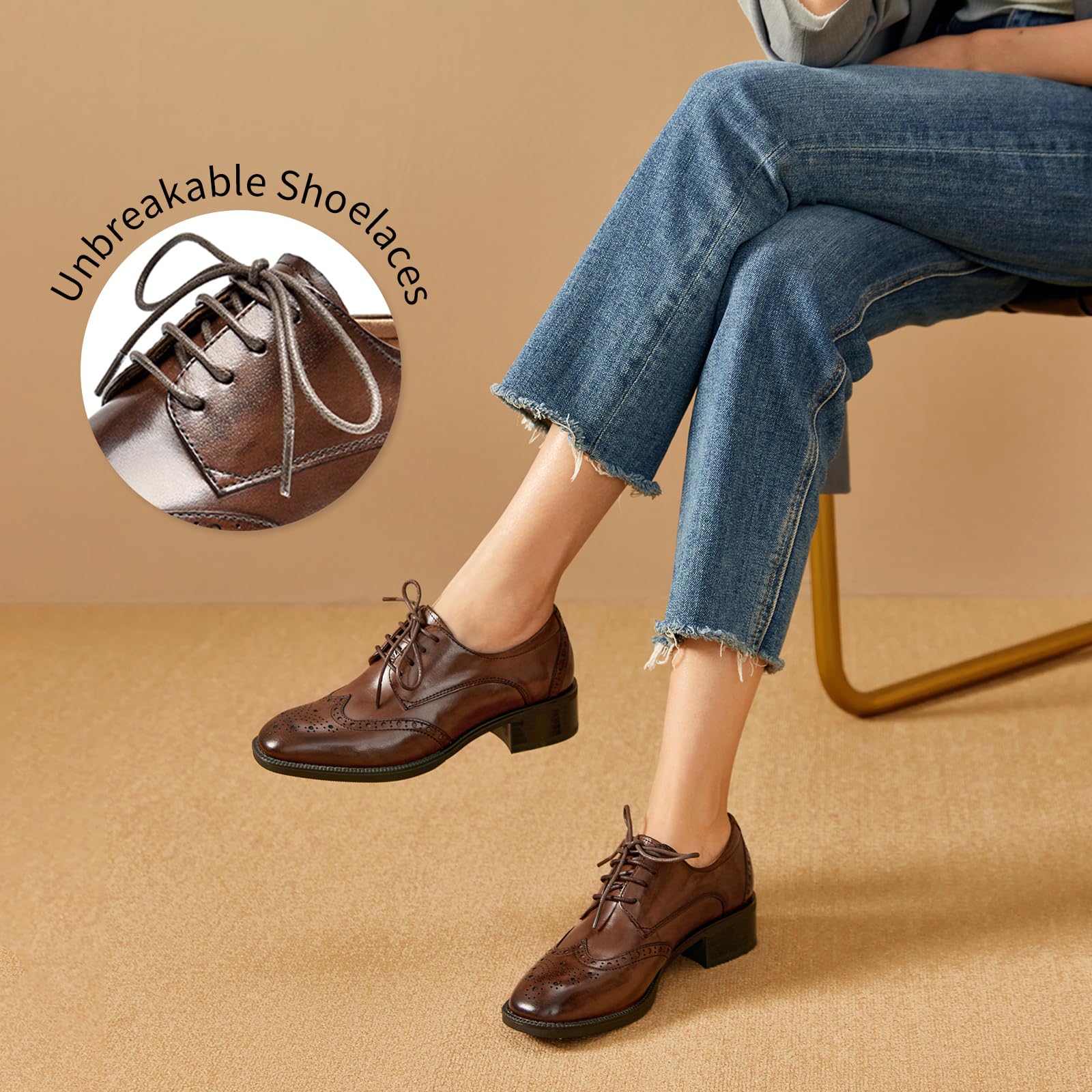 BEAU TODAY Women's Leather Oxford Brogue Dress Shoes - Breathable Comfort Wingtip Lace-Up Business Work Shoes for Professional Women | Office, Formal Events & Business Meetings
