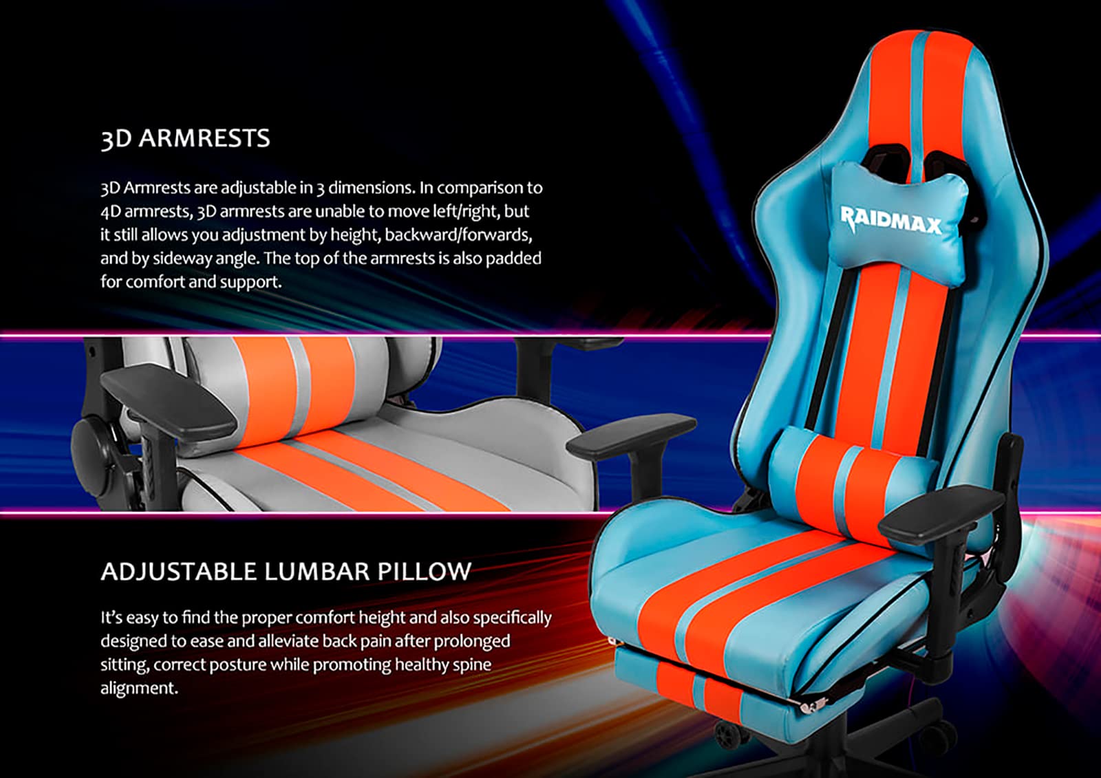Raidmax Superior DK905 Racing Style Ergonomic Gaming Chair - Adjustable 3D Armrests, Headrest & Lumbar Support, Tilt Mechanism, Reclining Back with Certified Gas Lift - Perfect for PC Gaming, Esports & Home Office Setup
