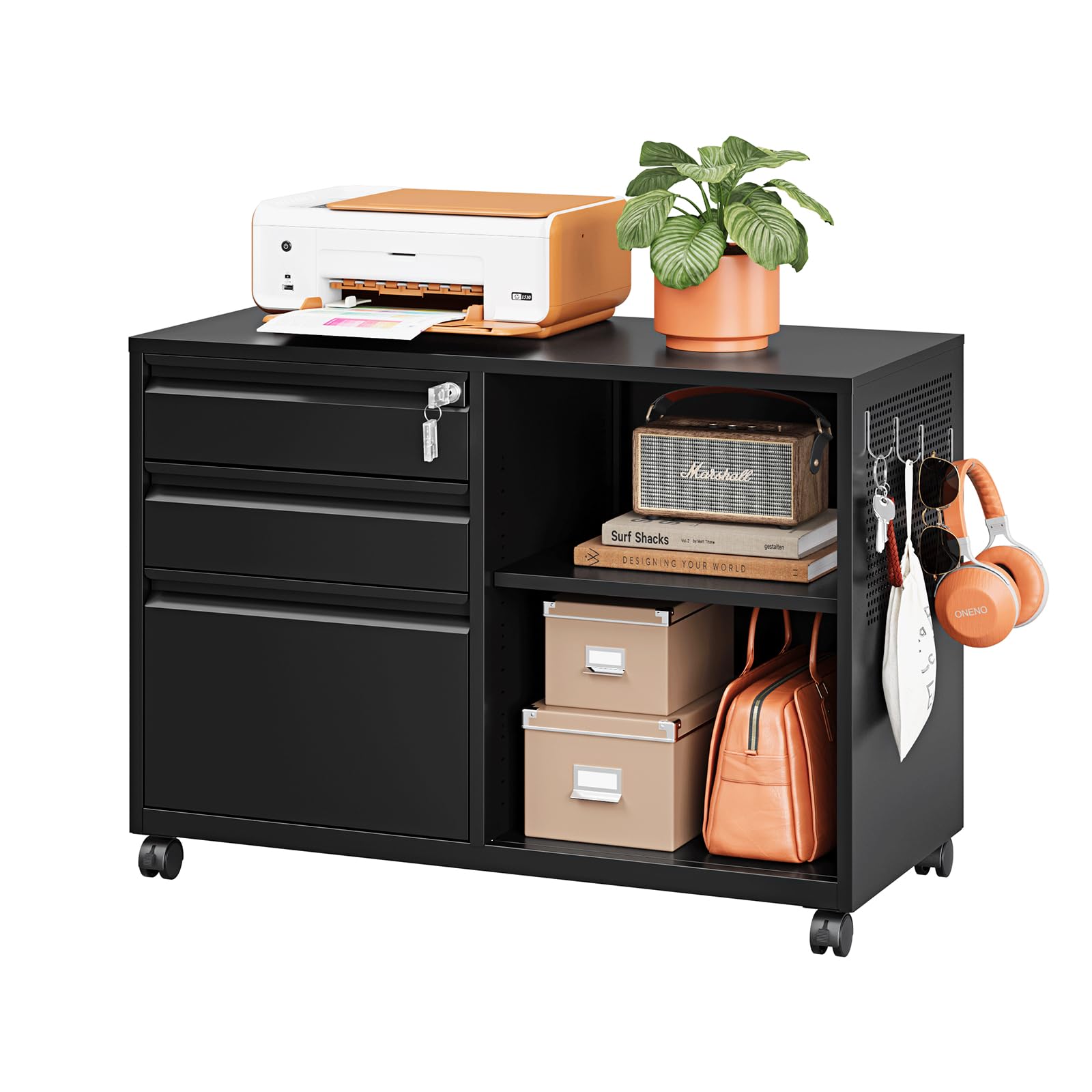 3-Drawer Locking Metal File Cabinet - Mobile Lateral Filing Cabinet with Shelves, Printer Stand for Home Office Storage (Black) | Perfect for Organizing Documents, Office Supplies & Home Workspaces
