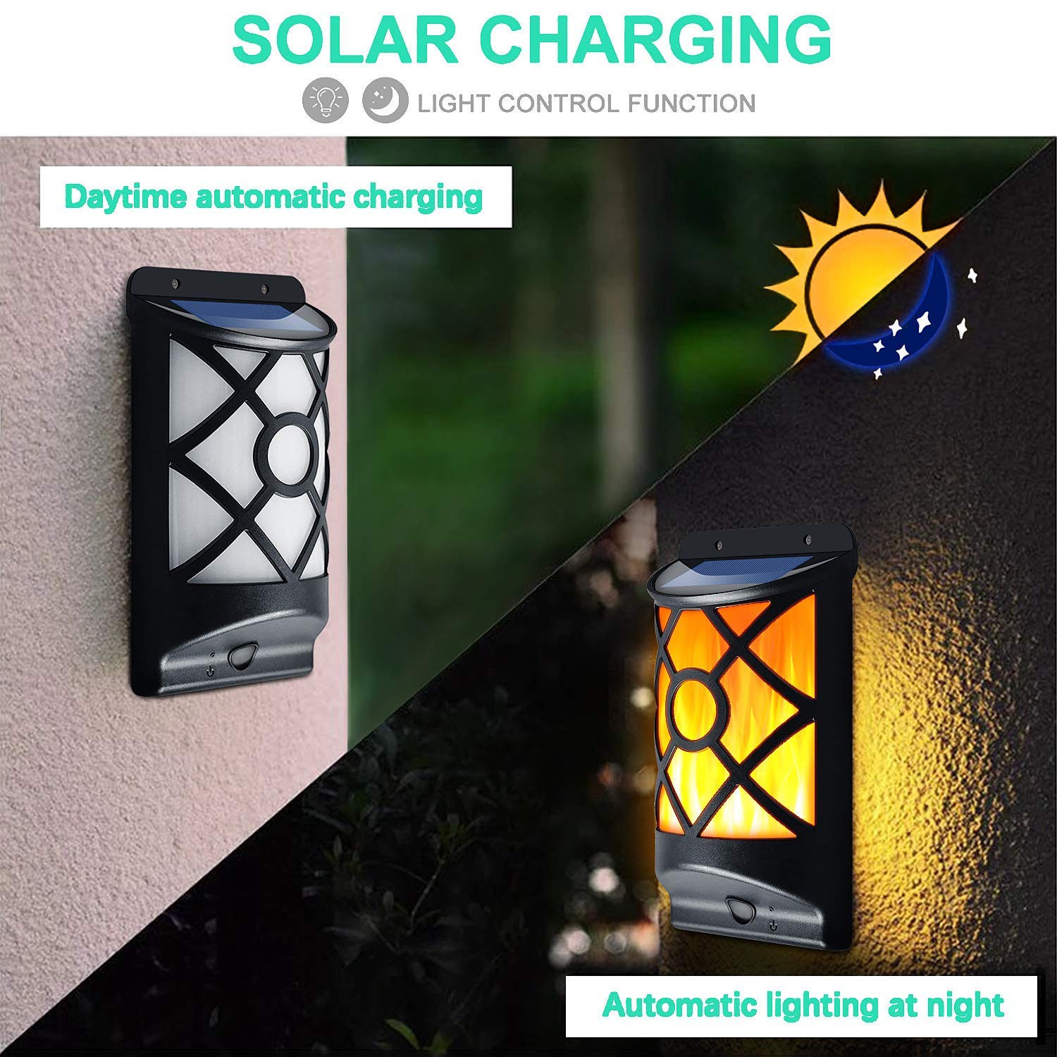 Solar Flame Lights Outdoor - 66 LED Flickering Fire Effect Solar Wall Light, Auto On/Off Waterproof Landscape Lighting for Fence, Patio, Deck, Garden - Perfect for Halloween, Christmas & Backyard Decor