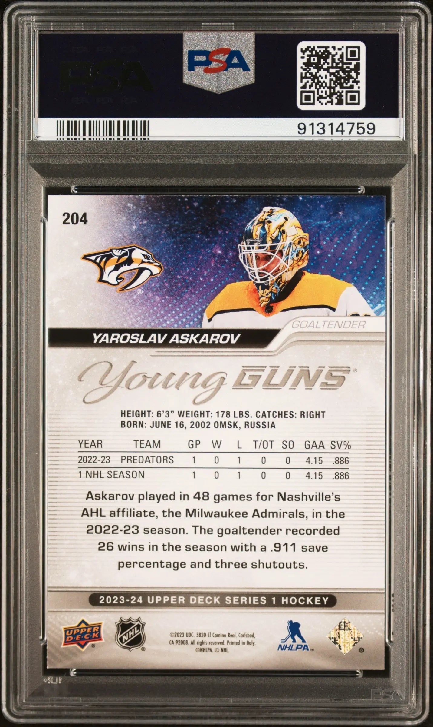 2023 Upper Deck Series 1 Yaroslav Askarov Young Guns Rookie Card Silver Outburst PSA 10 - Hockey Collectible for NHL Fans & Sports Memorabilia Enthusiasts