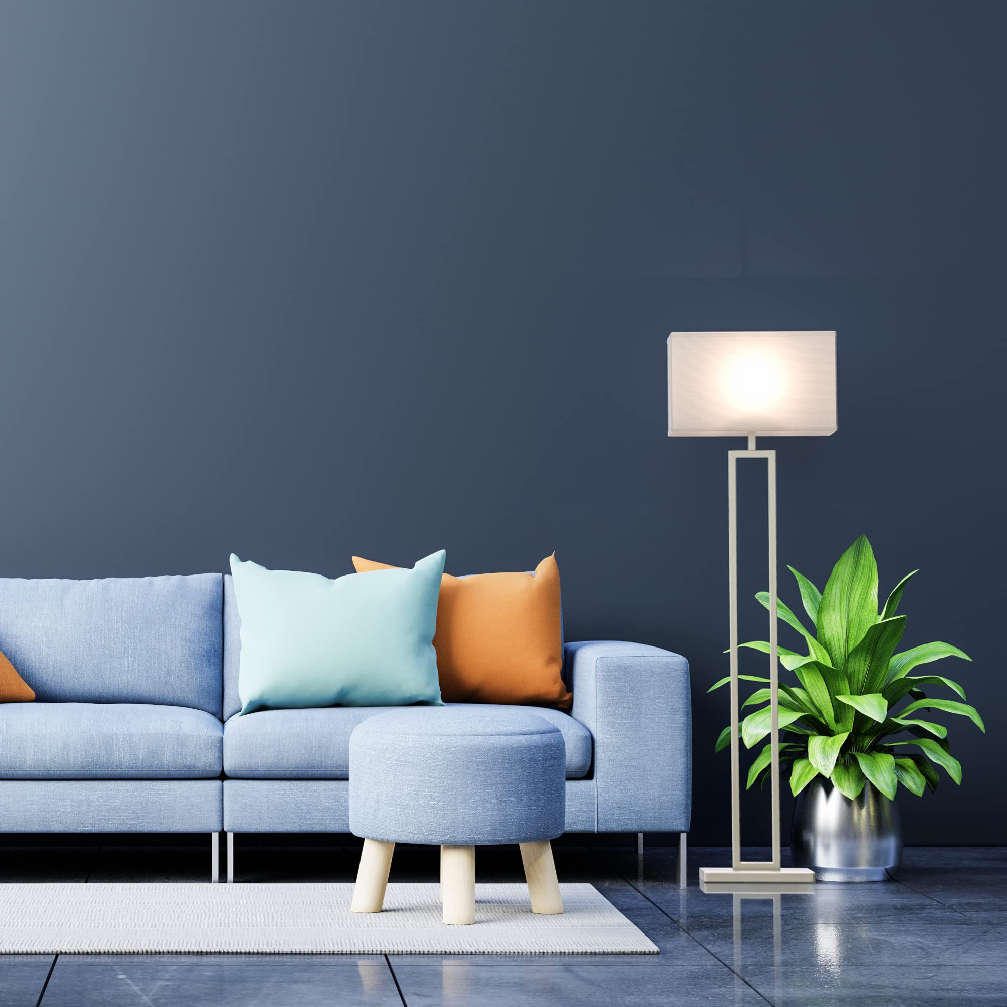 Modern 61-inch LED Floor Lamp for Living Room - Brushed Nickel Finish, Pure White Linen Shade, Corner Standing Lamp with On/Off Switch, E26 Base (Bulb Not Included) - Perfect for Reading Nook, Bedroom Lighting & Home Office Decor