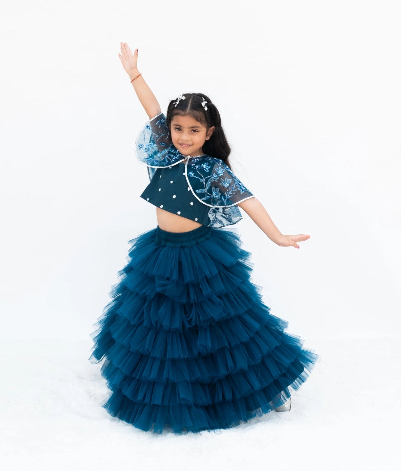 Pre Order: Stylish Teal Blue Crop Top & Skirt Set with Elegant Cape - Perfect for Cosplay, Halloween, and Fashion Events