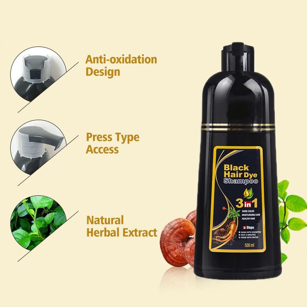 ZemGlam Herbal 3-in-1 Instant Black Hair Dye Shampoo - 500ml for Women & Men | Natural Hair Color Treatment for Gray Coverage at Home