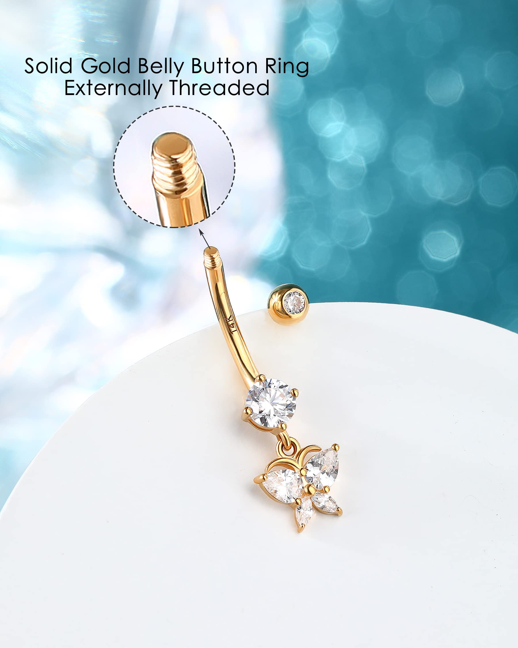 14K Solid Gold Butterfly Belly Button Rings for Women - Dangle Navel Piercing Jewelry with Clear CZ Stones - Elegant Body Jewelry for Parties, Beach & Everyday Wear