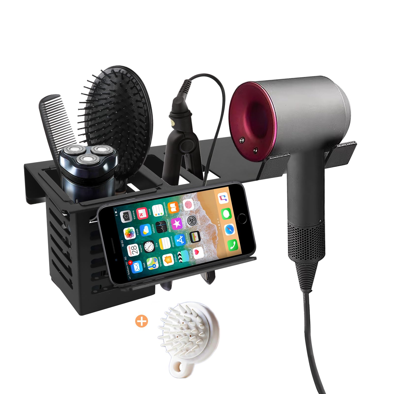 Wall Mounted Blow Dryer Holder & Hair Tool Organizer - Black with Comb | Space-Saving Bathroom Accessory for Hair Dryer, Straightener & Styling Tools | Perfect for Small Bathrooms, Salons & Vanity Organization
