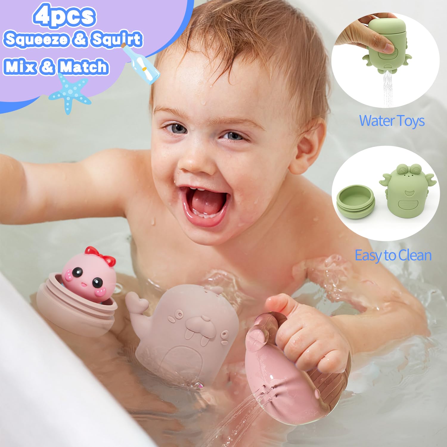 14 PCS Silicone Baby Bath Toys with Rubber Animal Finger Puppets - Safe, Easy to Clean Water Toys for Toddlers | Perfect Gift for Preschool Boys & Girls | Fun Bathtime Play & Early Learning