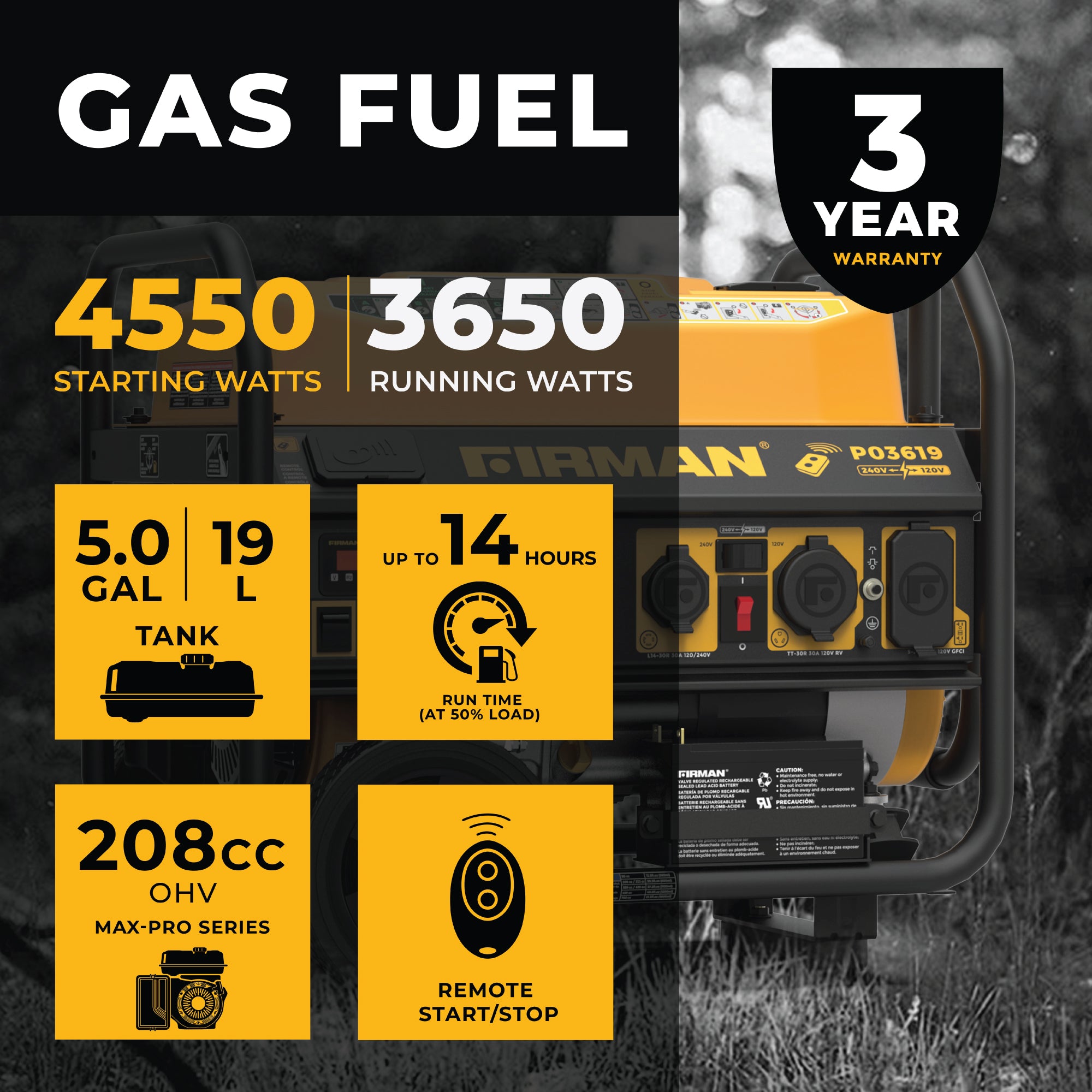 4550W Portable Gas Generator with Remote Start - 120V/240V Dual Voltage - Perfect for Camping, Home Backup & Outdoor Power Needs