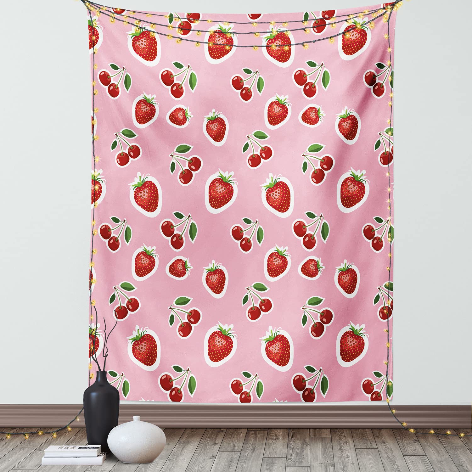 Ambesonne Fruit Tapestry - Strawberry & Cherry Digital Print Wall Hanging Decor for Bedroom, Living Room, Dorm - 40x60 Inches in Pale Pink & Fern Green - Perfect for Boho Home Decor, Teen Room Aesthetic & Apartment Wall Art