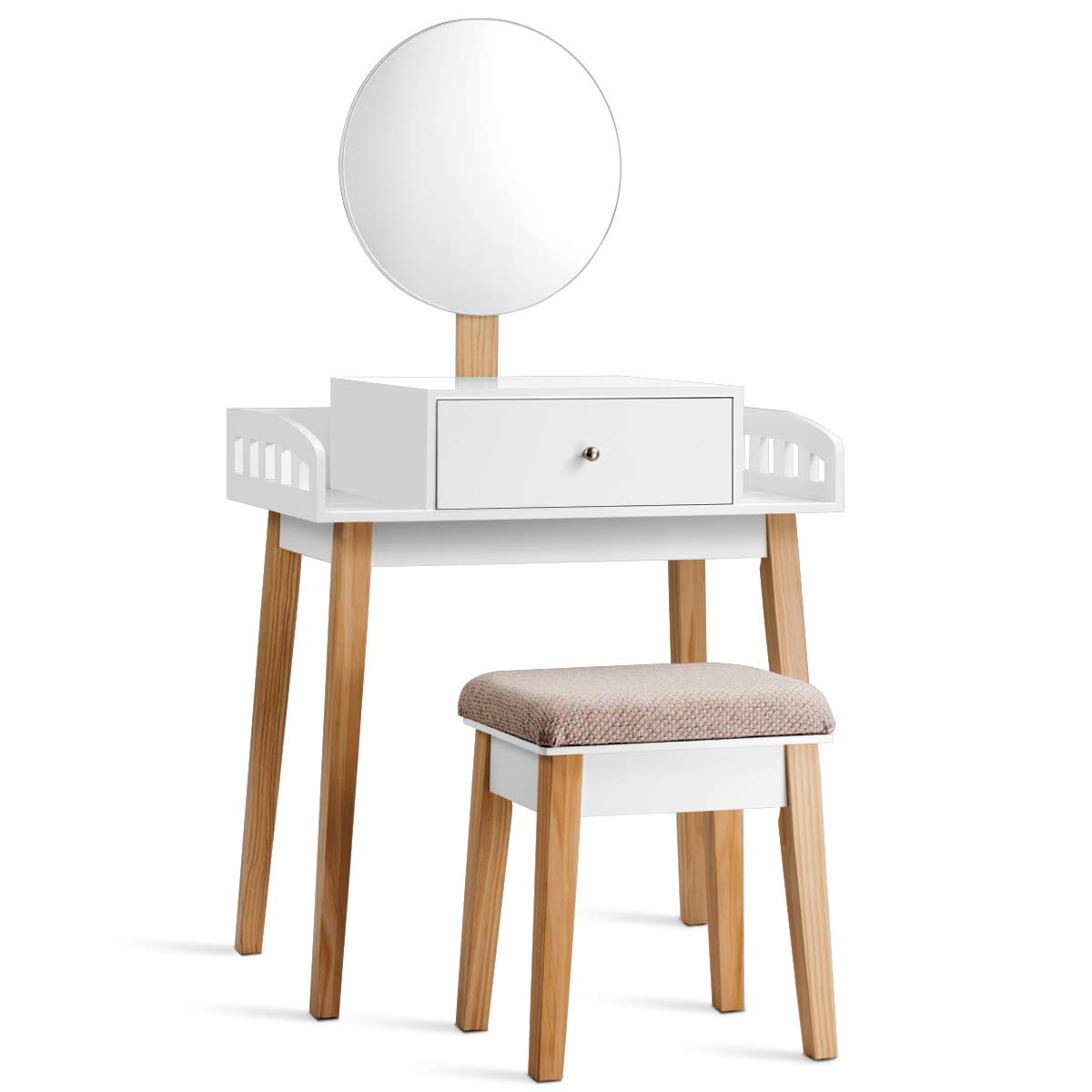 GOFLAME Vanity Dressing Table Set with Cushioned Stool & Adjustable Mirror - Modern Makeup Desk with Large Drawer for Bedroom, Home Office - Perfect for Makeup Application & Home Decor (White)