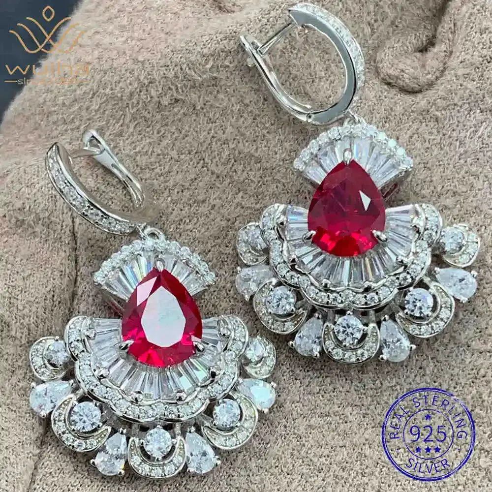 925 Sterling Silver Pear Cut Ruby & Lab Sapphire Drop Dangle Earrings for Women - Anniversary Gift, Fine Jewelry for Parties, Weddings & Special Occasions