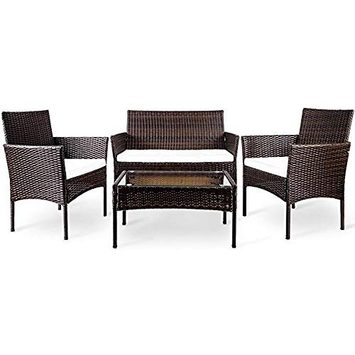 4-Piece Outdoor Patio Furniture Set - PE Wicker Rattan Sofa with Cushions & Tempered Glass Coffee Table - Brown - Perfect for Garden, Poolside, and Backyard Relaxation