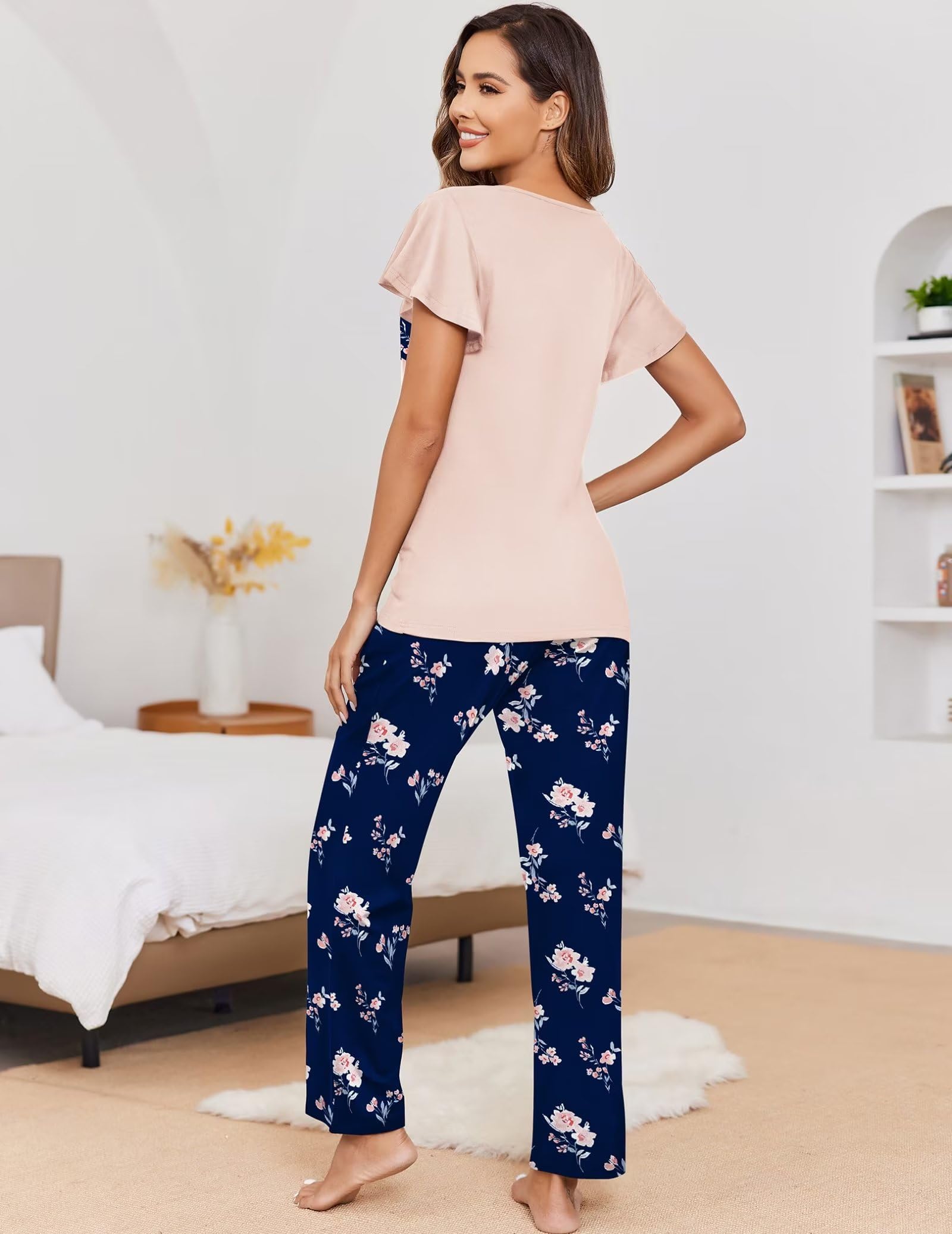 Ekouaer Women's Pajama Set - 2 Pack Soft Short Sleeve Sleepwear with Long Pants & Pockets - Comfy Printed Lounge Pajamas for Nighttime Relaxation & Home Wear