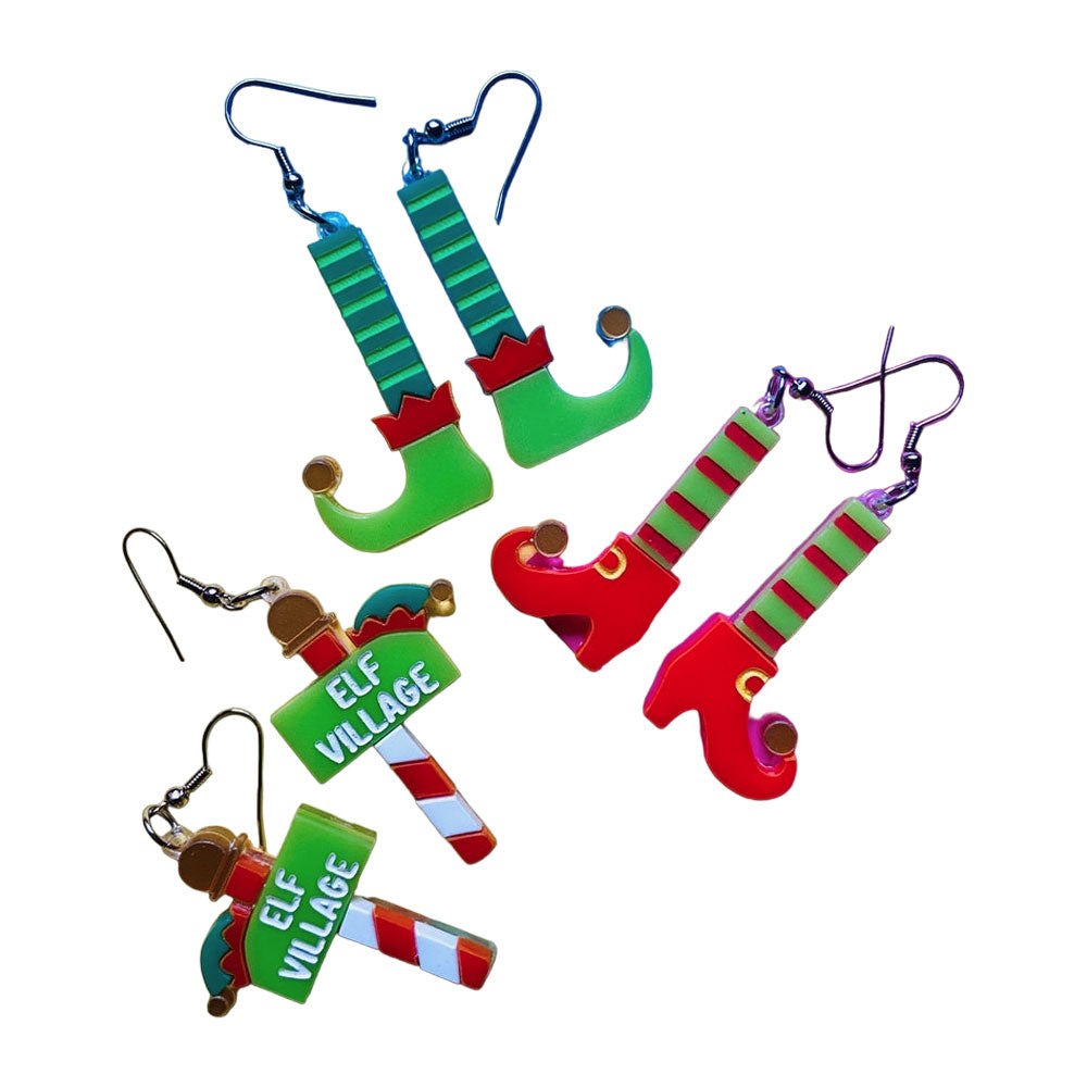 Christmas Elf Village Set with Acrylic Earrings & Cozy Elf Socks - Makokot Design Holiday Collection | Perfect for Gift Giving, Christmas Decor & Festive Outfits