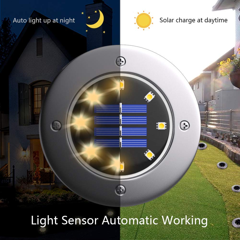 8 Pack Solar Ground Lights Outdoor Waterproof - 8 LED Solar Disk Lights for Garden, Pathway, Lawn, Yard, Deck, Patio & Walkway - Warm White Lighting for Nighttime Safety & Ambience