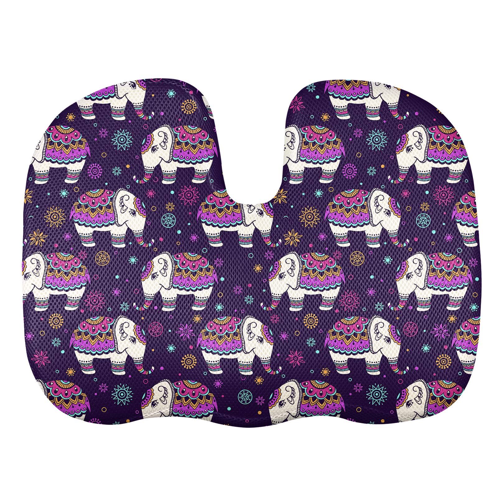 PZZ BEACH Durable Memory Foam Seat Cushion for Office Chair - Indian Tribal Hippie Elephant Print Coccyx Support Pillow - Sciatica & Back Pain Relief - Perfect for Home Office, Gaming Chair, Car Seat & Wheelchair Use