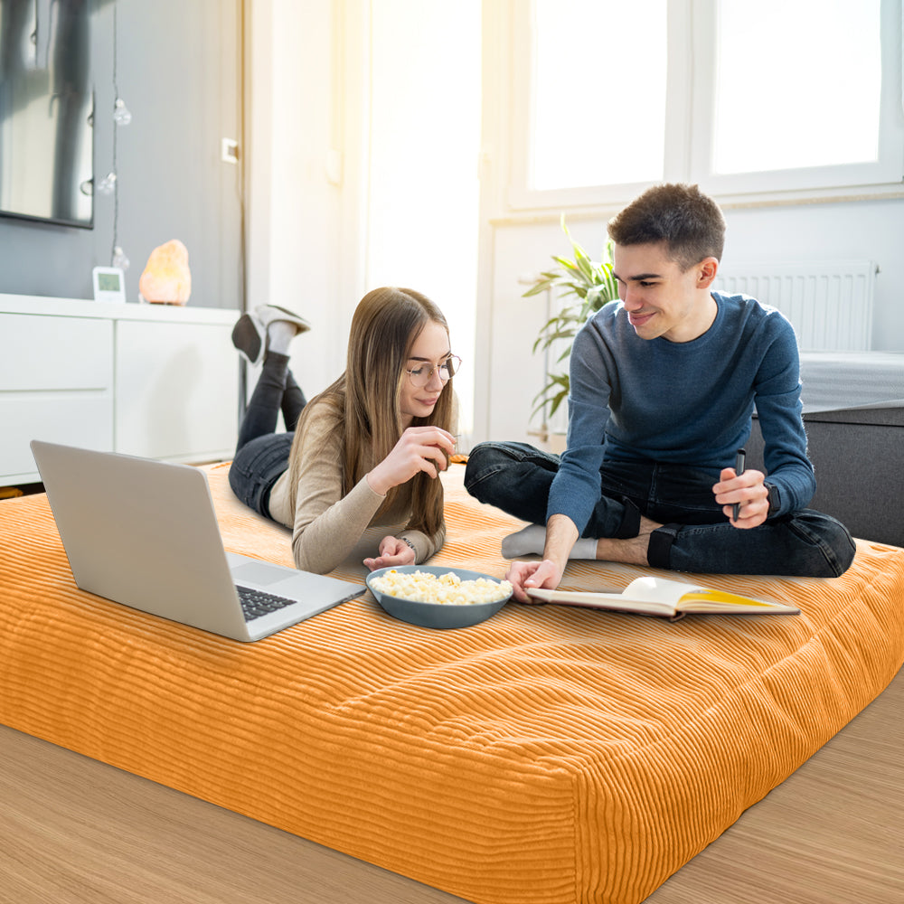 MAXYOYO 4ft Convertible Bean Bag Bed - Corduroy Floor Sleeper Sofa for Adults & Kids | Orange | Perfect for Living Room, Bedroom & Dorm Room