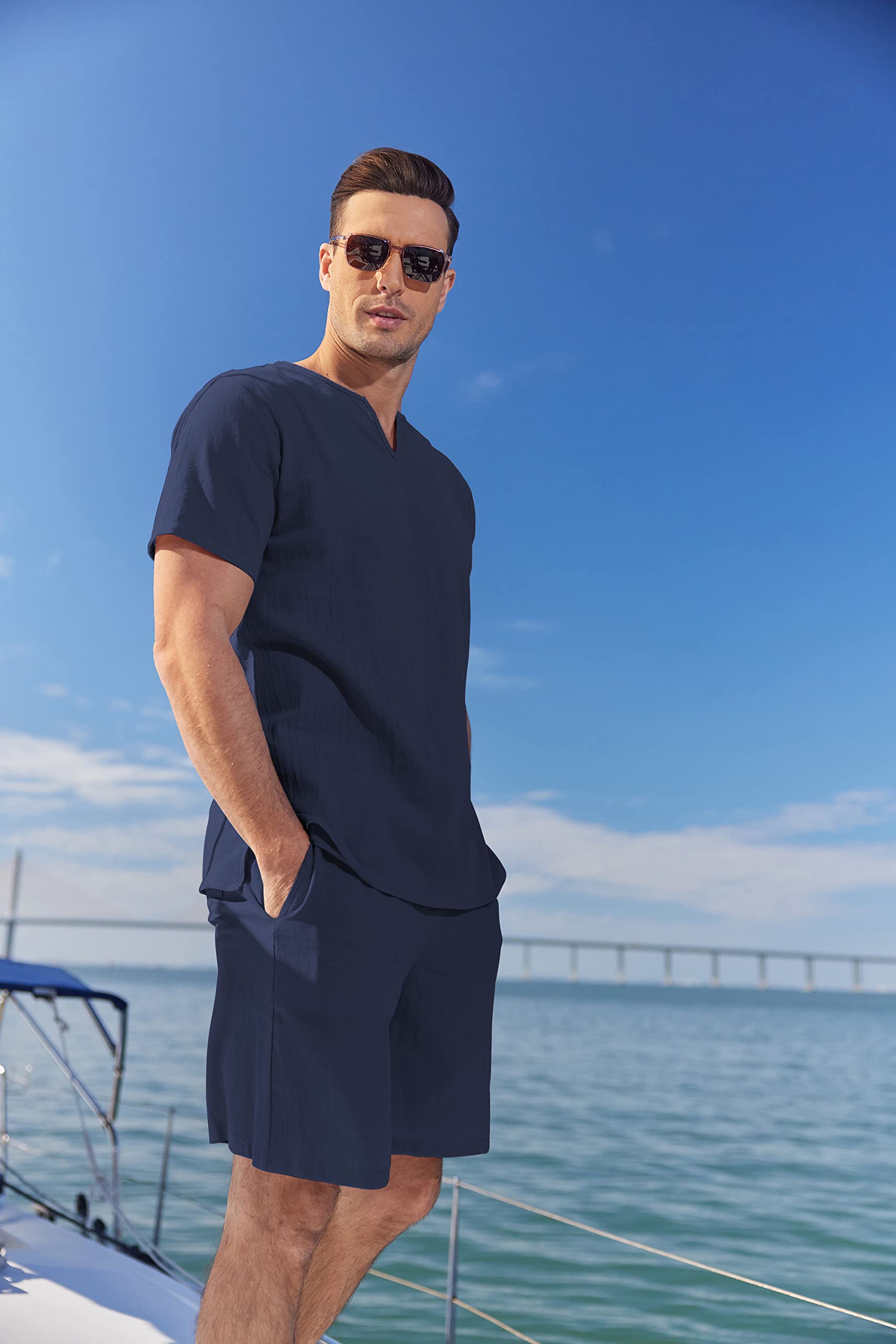 COOFANDY Men's Matching Shirt and Shorts Set - Summer Cotton Linen Lounge Suit | 2-Piece Lightweight Beach Outfit in Navy Blue | Perfect for Casual Wear, Vacation & Outdoor Activities