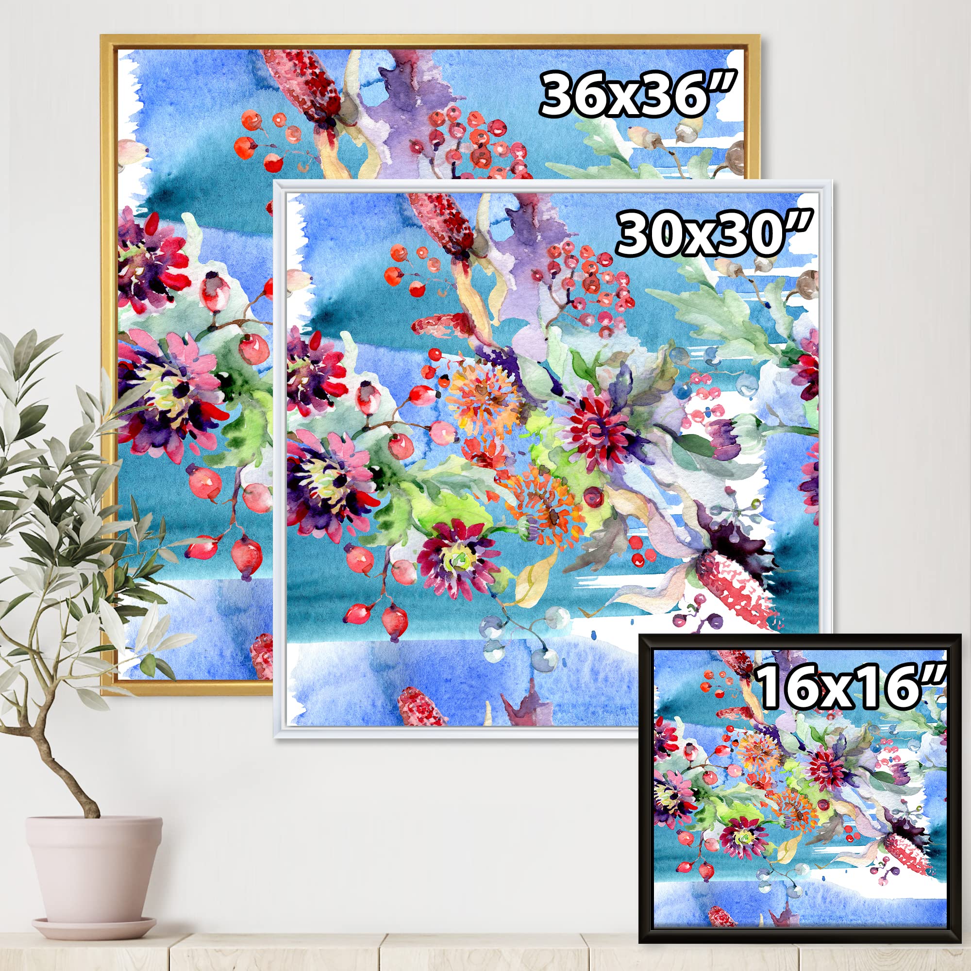 DesignQ Vibrant Wild Spring Leaves & Flowers XIII - Modern Framed Canvas Wall Art Print for Living Room, Bedroom & Office Decor