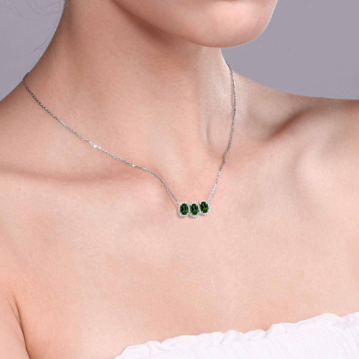 Gem Stone King 925 Sterling Silver Birthstone Necklace for Women - 3 Stone Oval Pendant (7x5mm) with 18