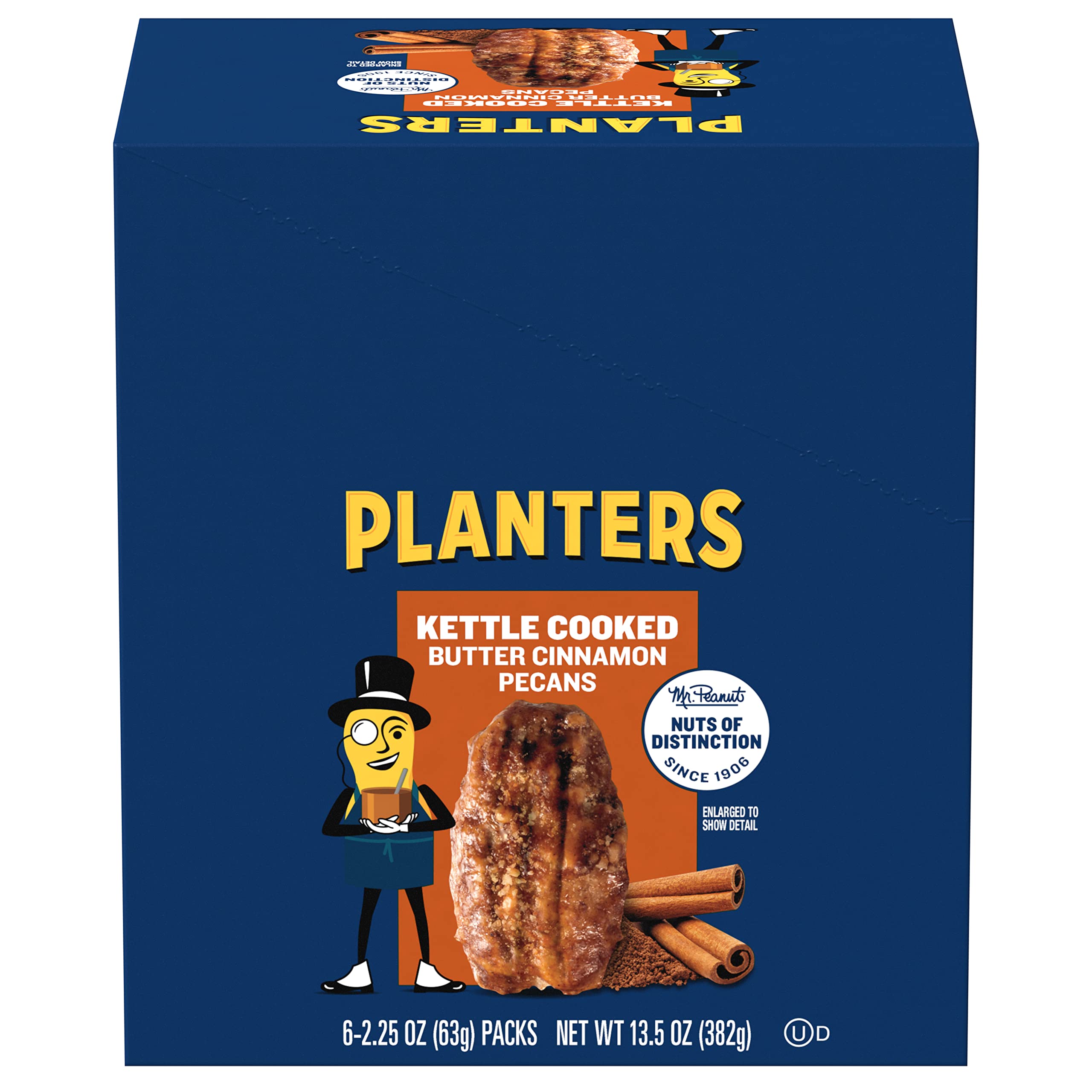 PLANTERS Kettle Cooked Butter Cinnamon Pecans 2.25 oz (6-Pack) | Crunchy Snack for Parties, Gifts & Healthy On-the-Go Treats