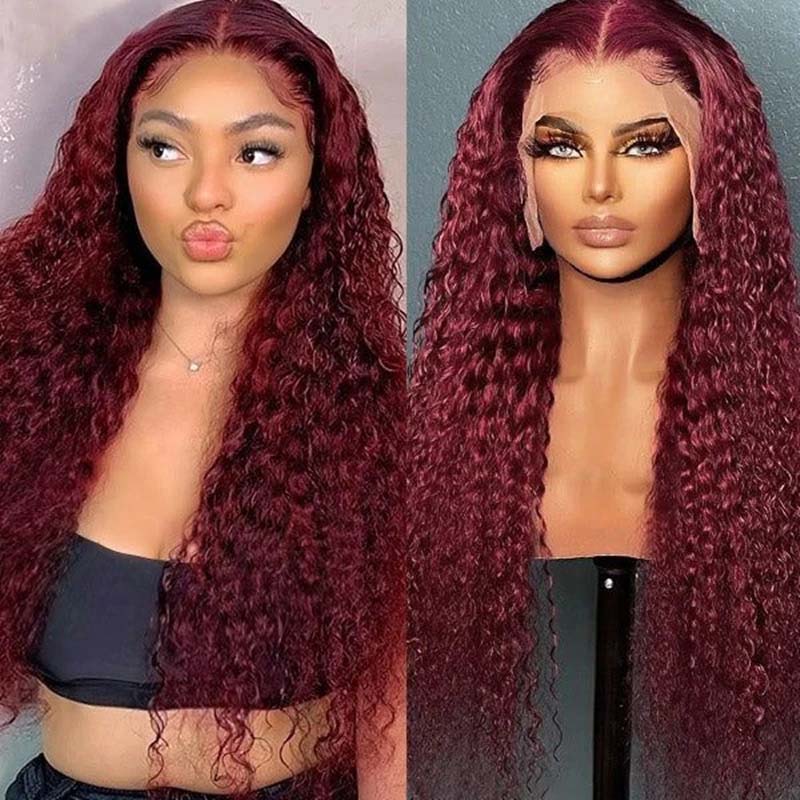 **28inch Pre-Colored Human Hair Curly Wig - Burgundy/Brown/Highlight 13x4 Lace Frontal Wig | Natural Look & Heat Resistant | Perfect for Cosplay, Parties & Daily Wear**