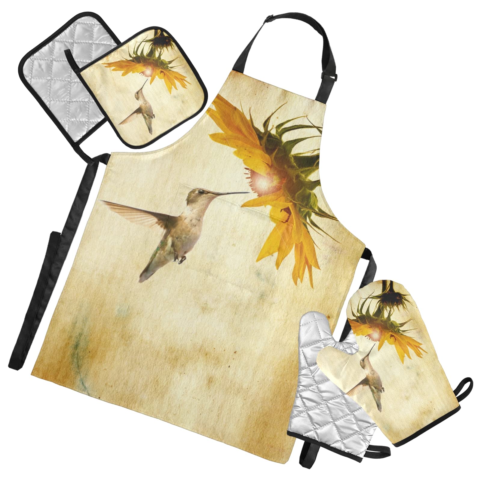5Pcs Vintage Hummingbird Sunflower Kitchen Apron Set with Oven Mitts & Pot Holders - Retro Ruby Throated Cooking Accessories for Women & Men - Perfect for Baking, Cooking, BBQ, and Home Decor