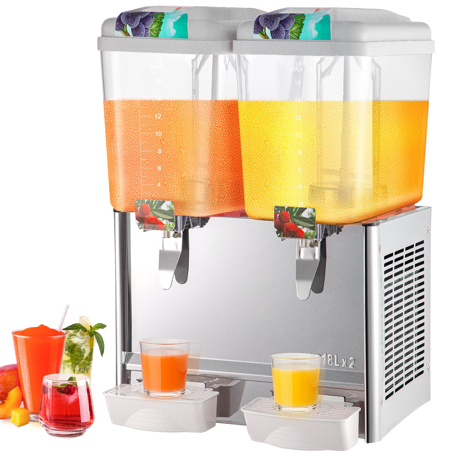 VEVOR 110V Commercial Beverage Dispenser - 9.5 Gallon (36L) Dual Tank Juice Dispenser with Thermostat Control - 18L Per Tank, 300W Stainless Steel Food Grade Drink Dispenser for Iced Tea, Lemonade & Party Drinks - Perfect for Restaurants, Cafes & Catering Events