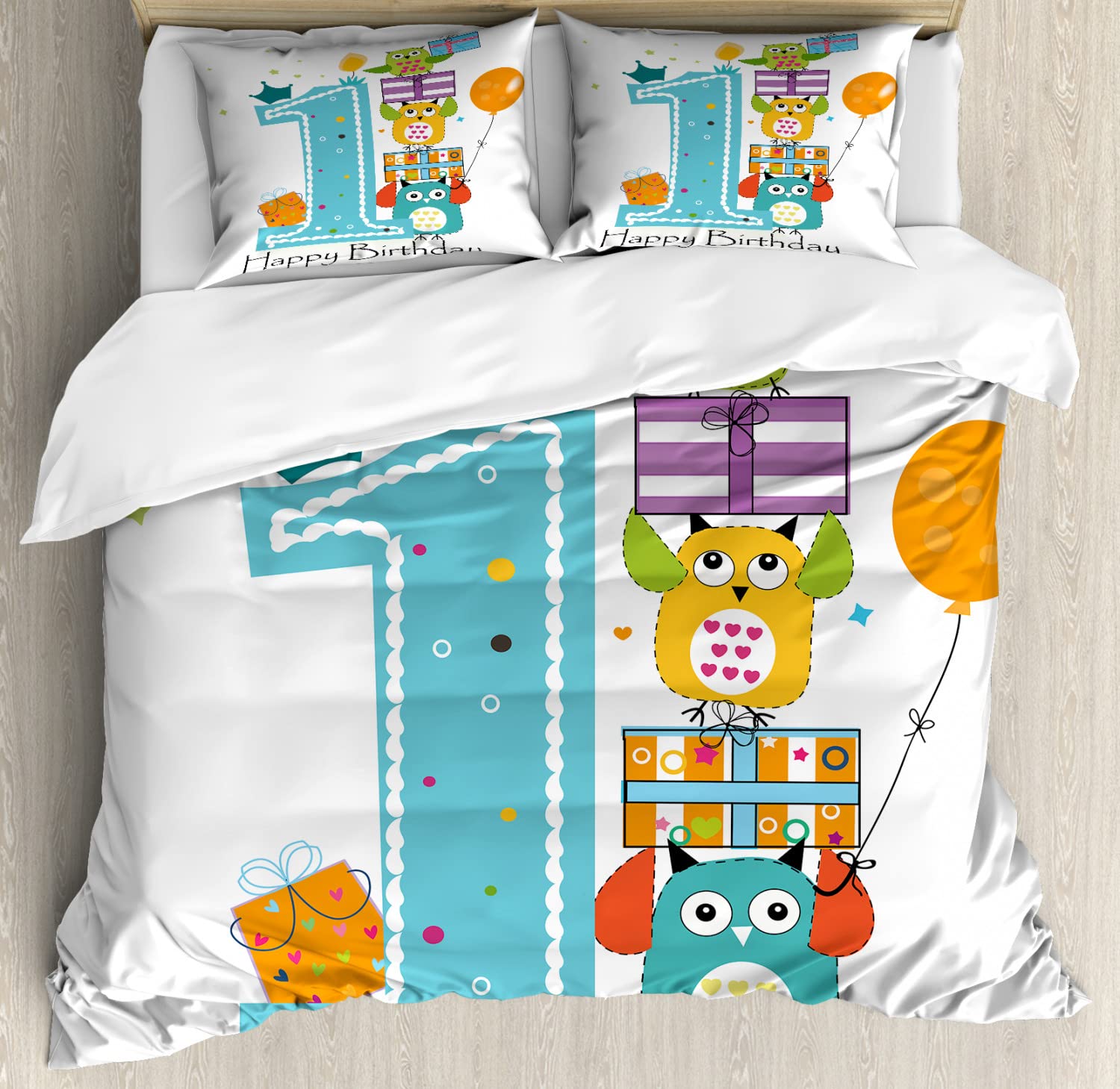 Ambesonne 1st Birthday Duvet Cover Set - First Cake with Candle Owls Family & Box Party Theme Print - 2 Pack Cal King Size Bedding Set (2 Duvet Covers + 4 Pillowcases) in Sky Blue & Orange - Perfect for Baby's First Birthday, Nursery Decor & Themed Bedroom