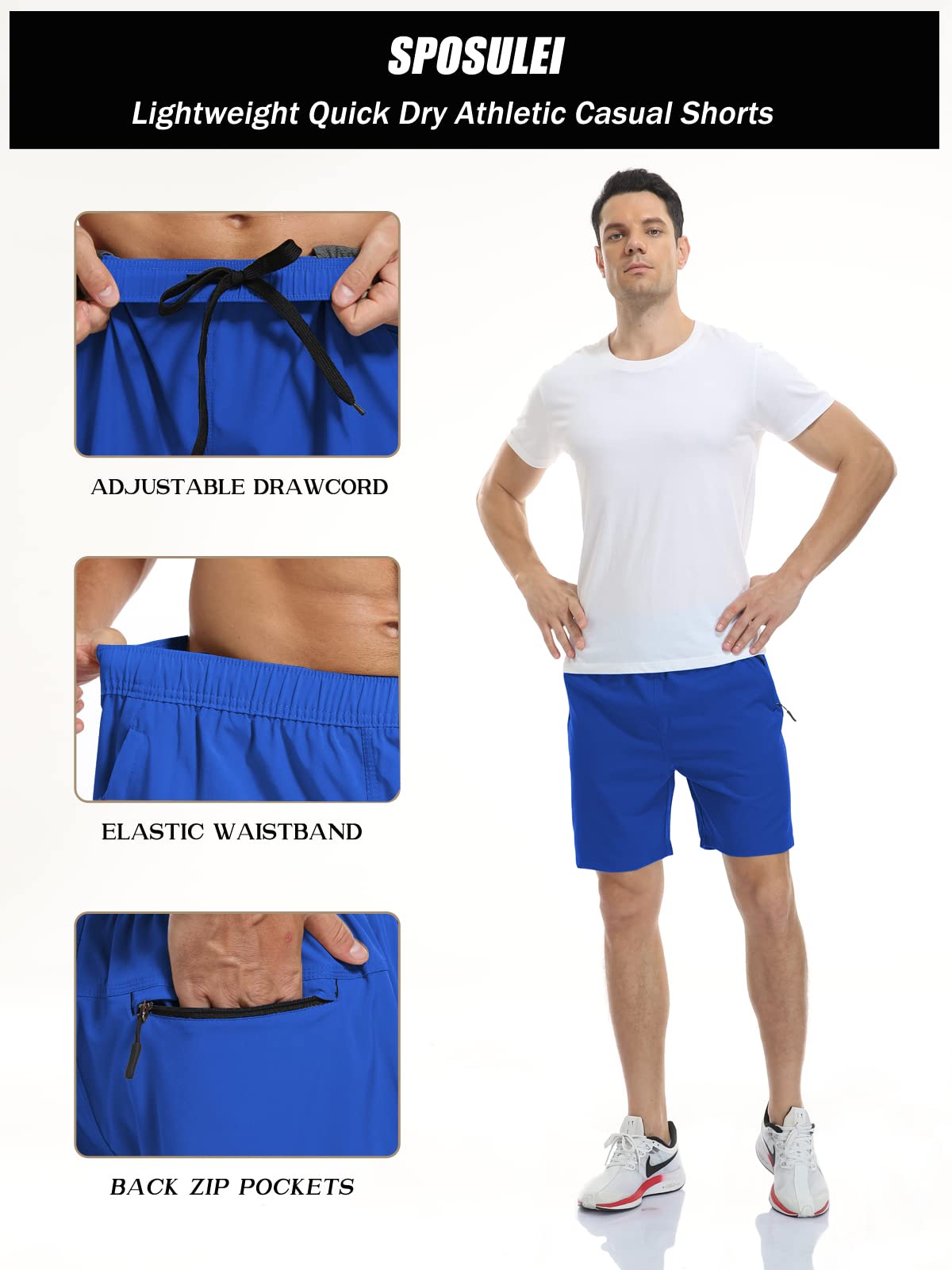 SPOSULEI Men's Quick-Dry Hiking Shorts - Water Resistant Lightweight Athletic Shorts with Zipper Pockets for Outdoor Running, Camping & Travel