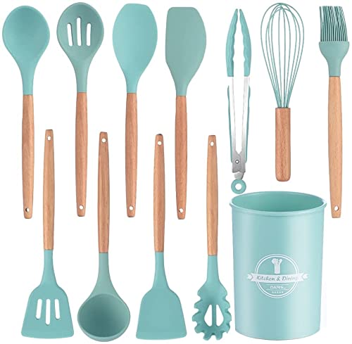 11-Piece Silicone Kitchen Utensil Set with Wooden Handles & Storage Box - Non-Slip Heat-Resistant Cooking Tools for Baking, Frying, Stirring - Countertop Organizer (Blue) - Perfect for Home Chefs & Gift Giving