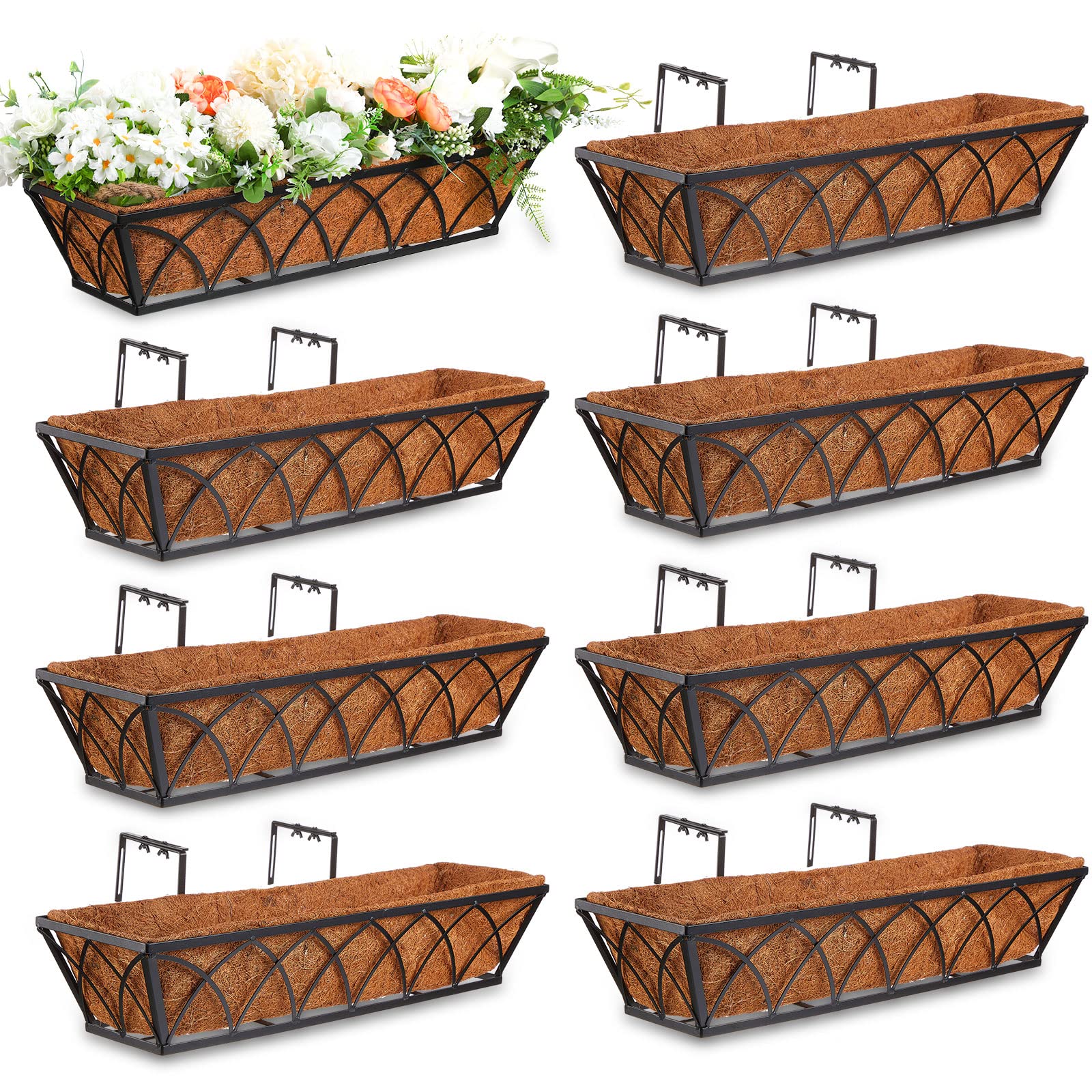 8 Pack 24 Inch Black Metal Window Box Planters with Coconut Liner - Outdoor Hanging Flower Pots for Deck Railing, Balcony, Fence, Porch & Patio - Perfect for Herbs, Flowers & Small Plants Decoration