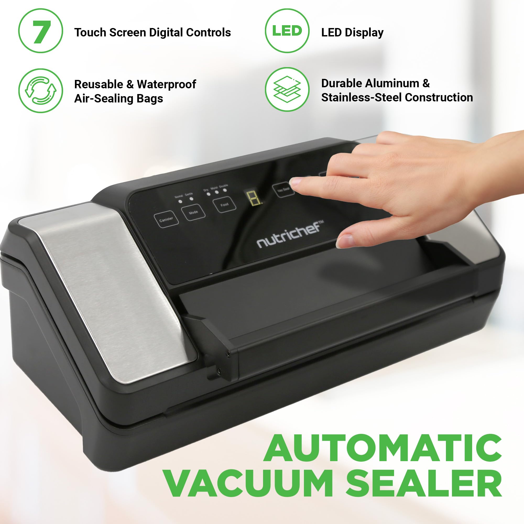 NutriChef 80Kpa Powerful Vacuum Sealer Machine for Food Preservation - Dry, Moist & Pulse Modes with Dual Seal Technology | Built-in Roll Storage & Cutter | Includes Canister Hose & Bags | Perfect for Meal Prep, Sous Vide, Freezing & Long-Term Food Storage