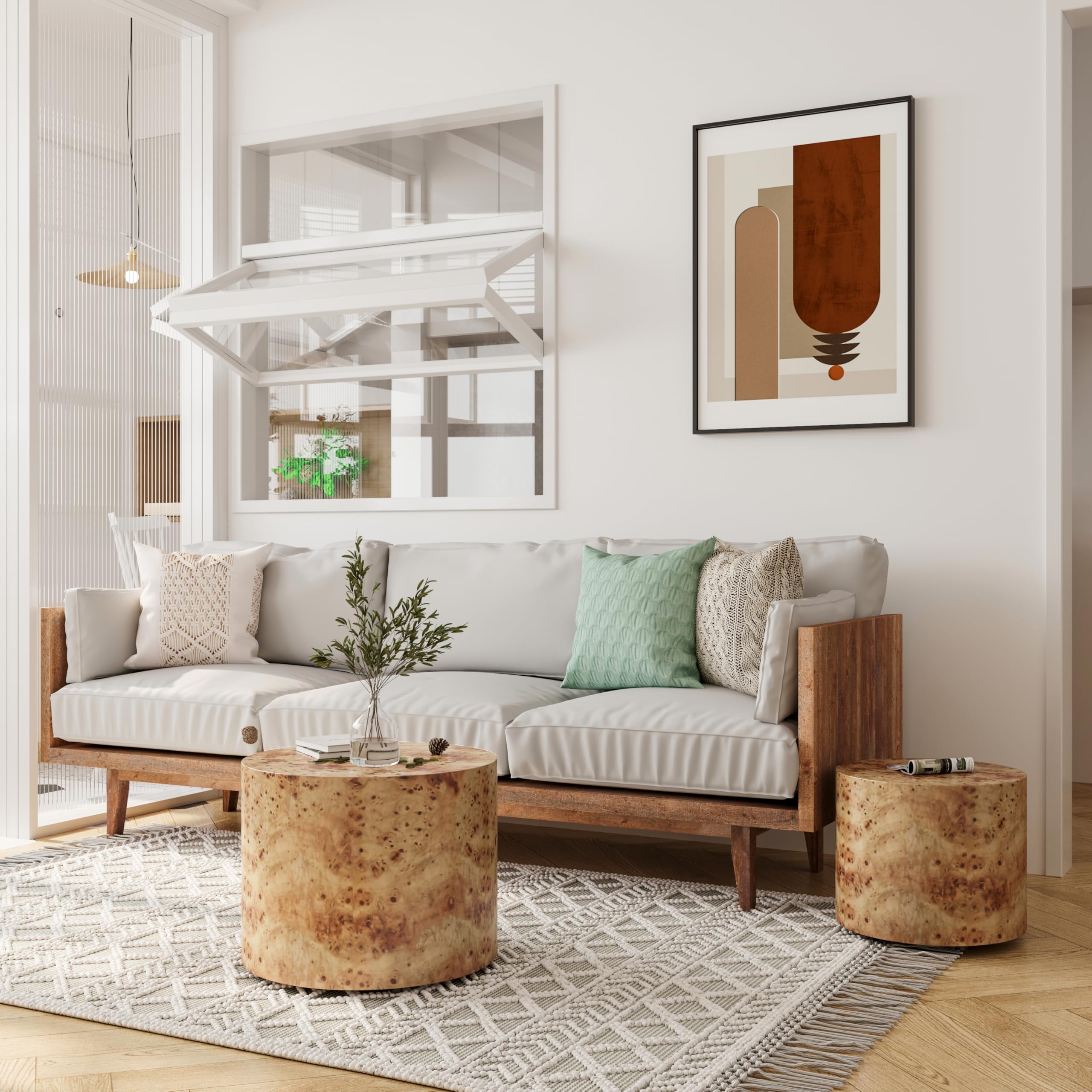 JUSTONE 2-Piece Nesting Coffee Table Set - Modern Round Wooden Side Tables for Living Room, Bedroom, Balcony, Lounge & Home Office - No Assembly Required - Natural Burl Finish - Perfect for Small Spaces & Stylish Home Decor