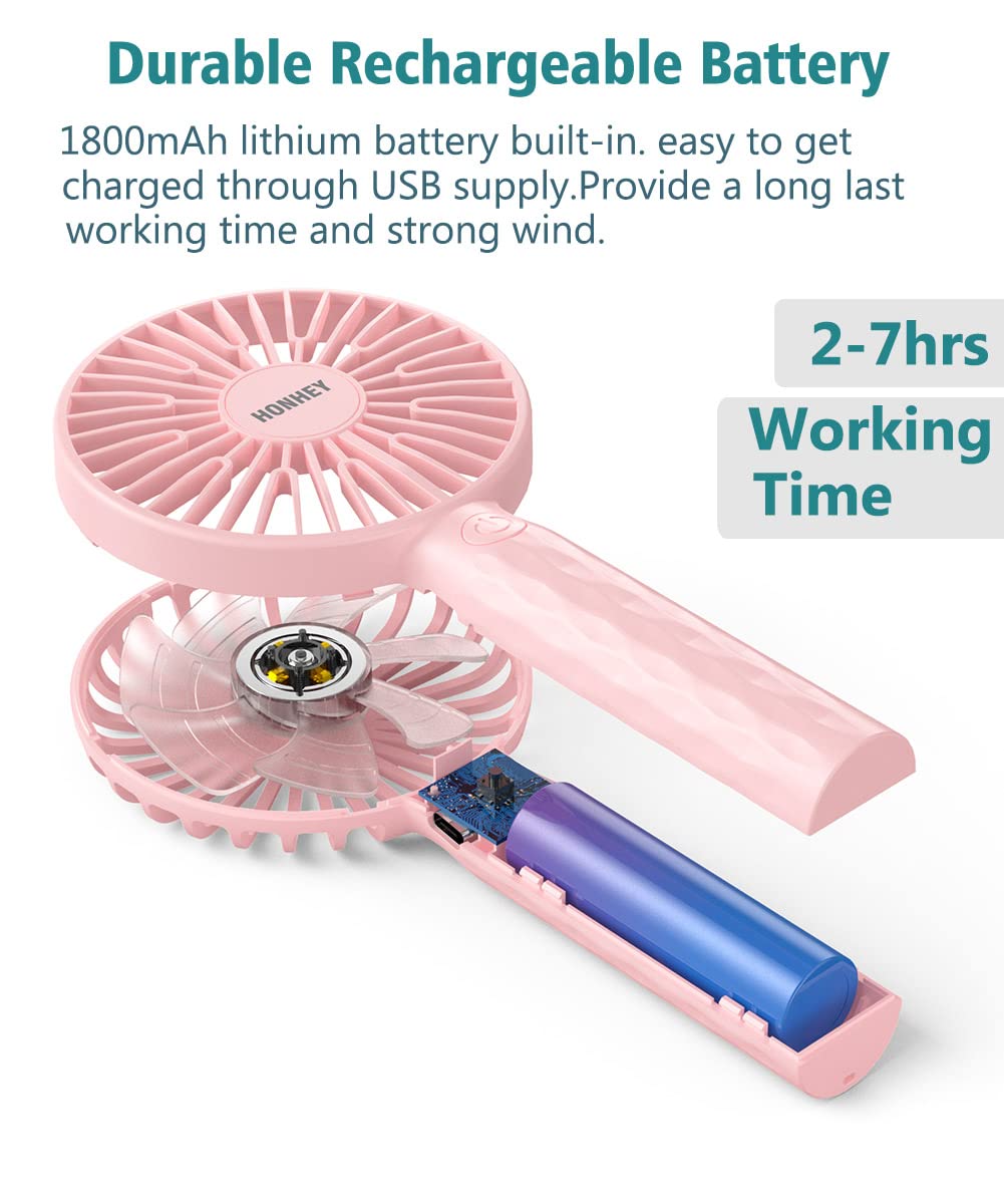 HonHey Mini Handheld Fan - Rechargeable Battery Operated, 3 Speed Adjustable Portable Fan for Women, Girls & Kids - Perfect for Travel, Office, Home & Outdoor Activities (Pink, 1 Pack)