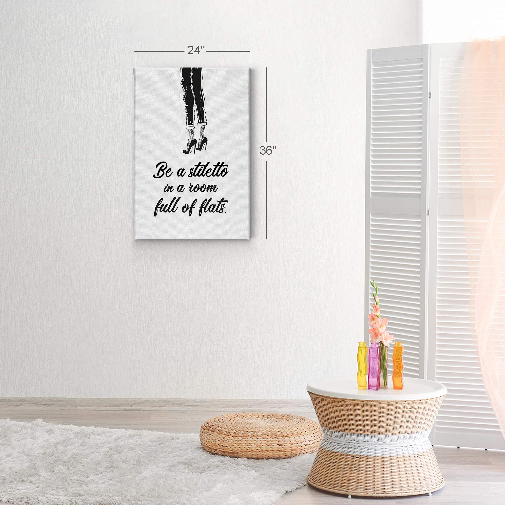 Be a Stiletto in a Room Full of Flats - Black High Heels Sketch Glam Fashion Canvas Wall Art Print - Ready to Hang 17x11 - Perfect for Bathroom, Girls Room, Women's Dorm, Bedroom & Living Room Decor