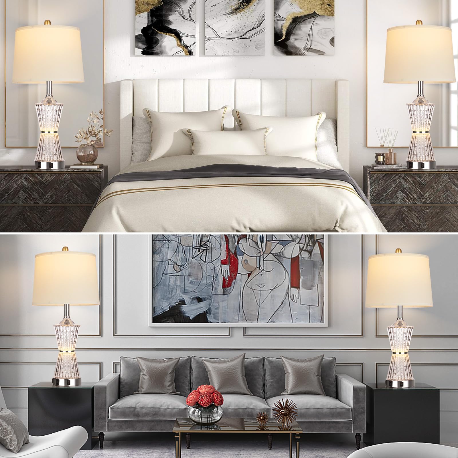 Modern LED Table Lamps Set of 2 with USB Charging Ports & AC Outlet - White Shade Nightstand Lamps for Bedroom, Living Room, Office - Includes Energy Efficient Bulbs (Perfect for Reading, Charging Devices & Ambient Lighting)
