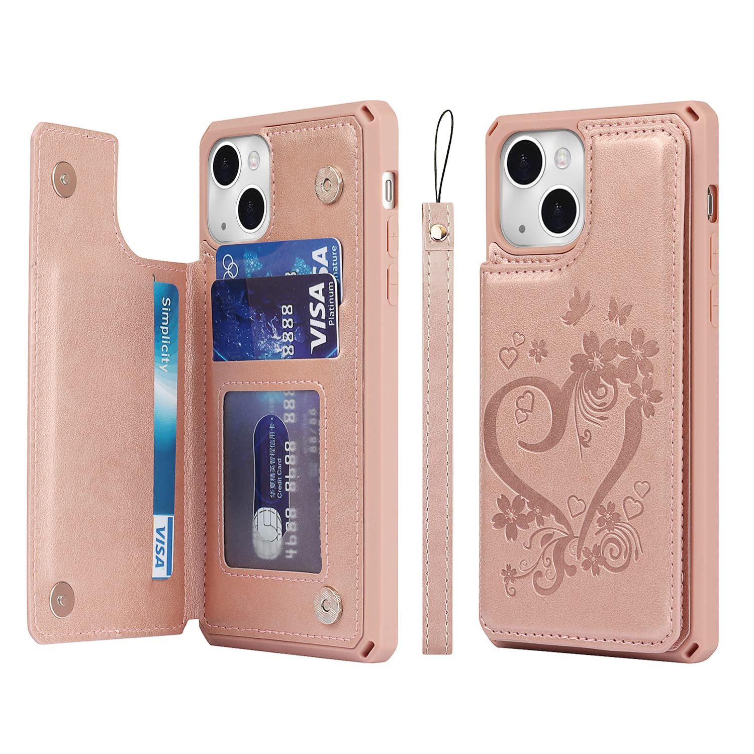 Premium Leather iPhone 13 Wallet Case with Card Holder & Stand - Shockproof Protective Phone Cover with Strap for Women (Rose Gold) | Perfect for Daily Commute, Shopping & Travel