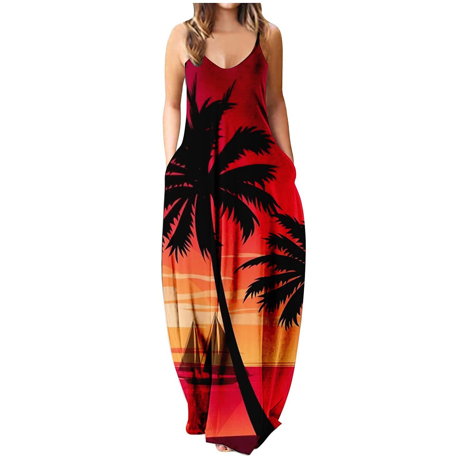 iQKA Women's Maxi Dress - Colorful Long Sleeveless V-Neck Tunic Dress with Pockets | Summer Casual Beach Dress | Perfect for Vacations, Parties & Everyday Wear