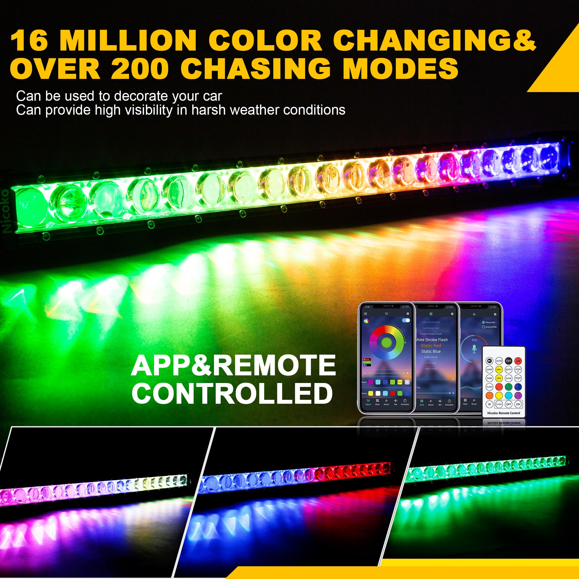 Ultra-Thin 20-Inch 100W LED Light Bar with Bluetooth App & Remote Control - Color Changing Spot Driving Light for Off-Road Trucks, ATV, UTV, SUV & Cars | Perfect for Night Driving, Camping & Outdoor Adventures