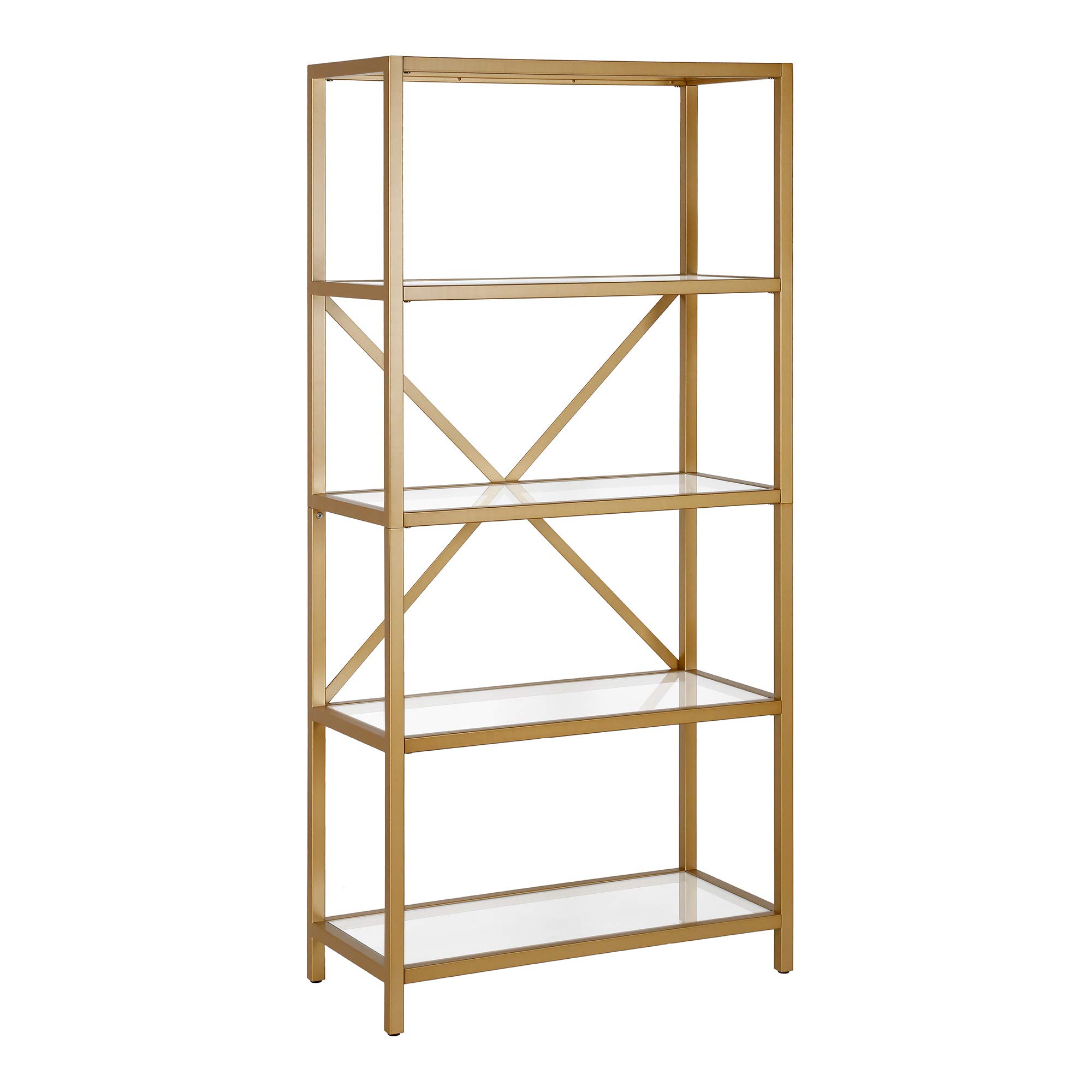 Etta 63 Inch Tall Rectangular Bookcase in Brushed Brass Finish - Modern Bookshelf for Living Room, Office, or Library Storage