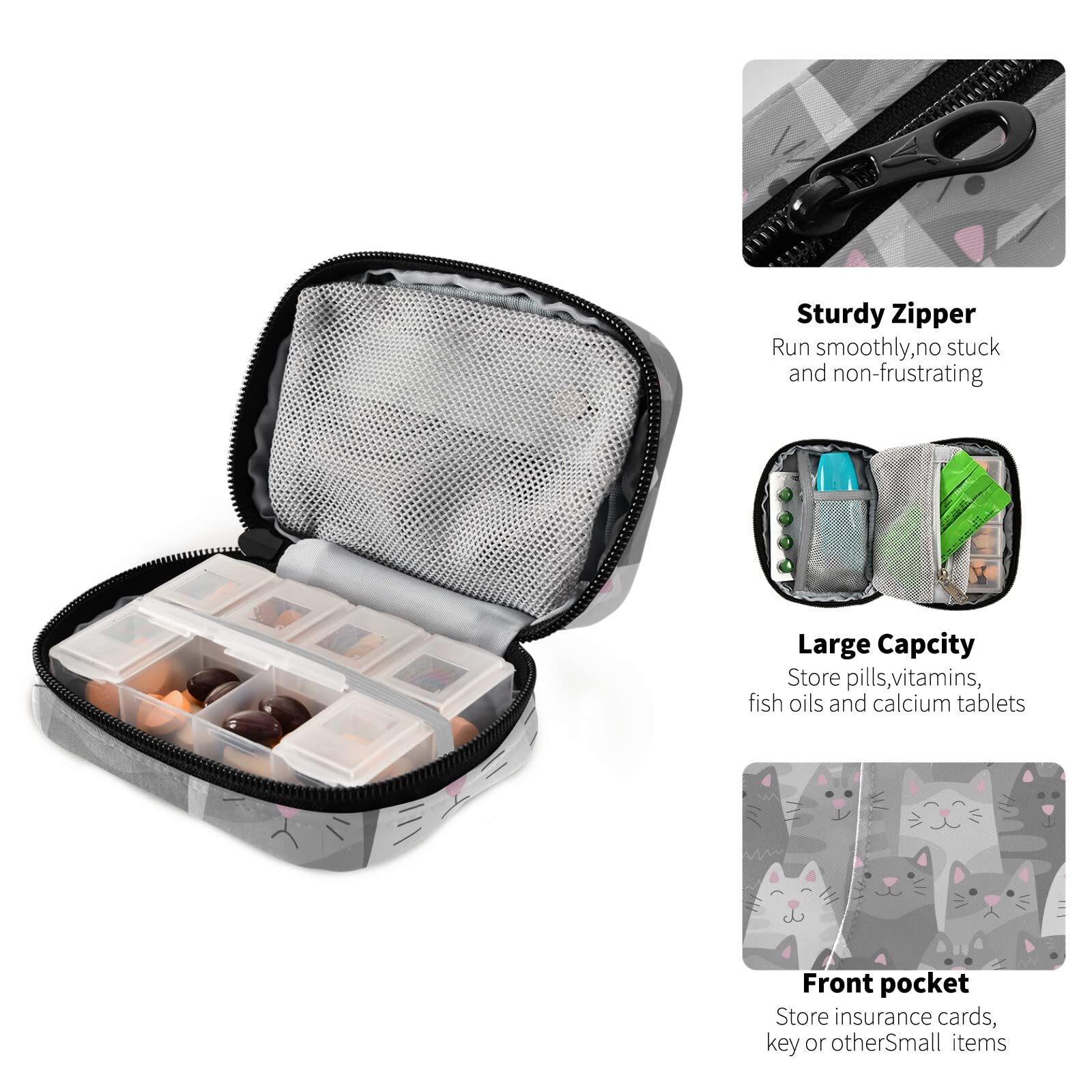 ALAZA 7-Day Grey Cat Pill Organizer - Portable Travel Pill Case with Zipper, Compact Weekly Medication Box for Vitamins & Supplements | Perfect for Travel, Camping, Business Trips & Family Use