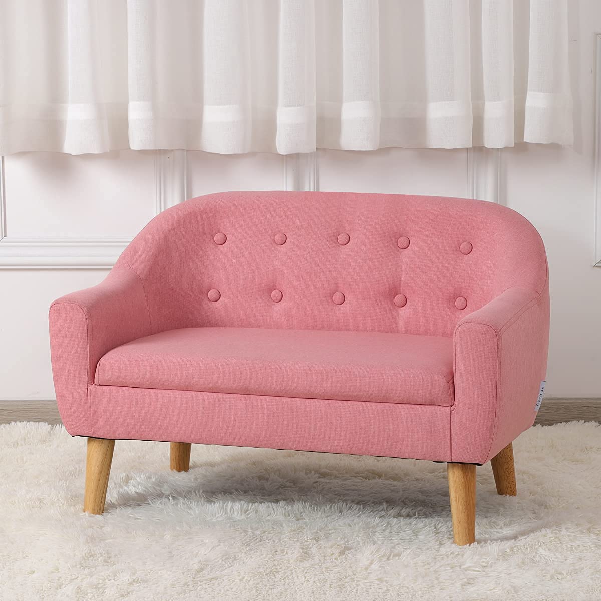 Koopo Kids Sofa - 30-Inch Pink Linen Fabric 2-Seater Upholstered Toddler Couch for Children | Perfect for Playroom, Nursery & Gift Giving